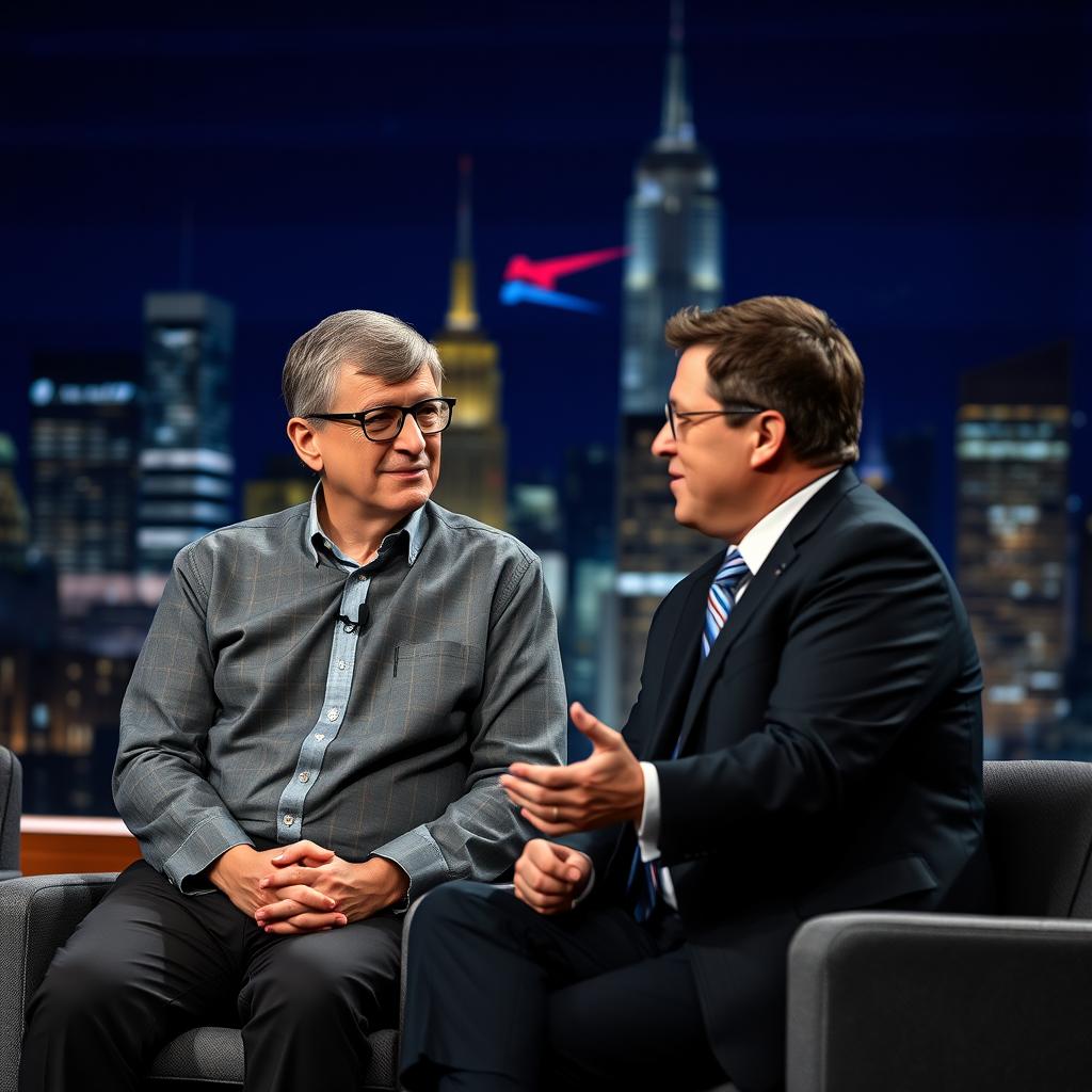 Et passende billede til den sidste del af artiklen kunne være et imponerende, dramatisk skud af Bill Gates og Jimmy Fallon, der diskuterer AIs implikationer. Fotografiet vil være taget med et Canon EOS R5 udstyret med et RF 50mm f/1.2 objektiv for at opnå den ønskede dybdeskarphed og bokeh-effekt. Denne kombination sikrer, at både Gates og Fallon er skarpe i fokus, mens baggrunden blødt forsvinder, hvilket fremhæver deres ansigtstræk og de intense følelser, der præger deres samtale. I kompositionen vil jeg anvende tredelingsteorien, hvor de to figurer placeres i de ydre sektioner af billedet, mens et varmt scenelys omfavner dem. Dette skaber en nærværende og intim atmosfære, som fremmer den alvorlige tone i diskussionen om AIs fremtid. Efterbehandling vil blive udført i Adobe Lightroom for at justere lys, kontrast og farvetoner, så billedet præsenterer sig som både levende og professionelt – en ideel visuel støtte til artiklens dybdegående analyse af AIs potentiel.
