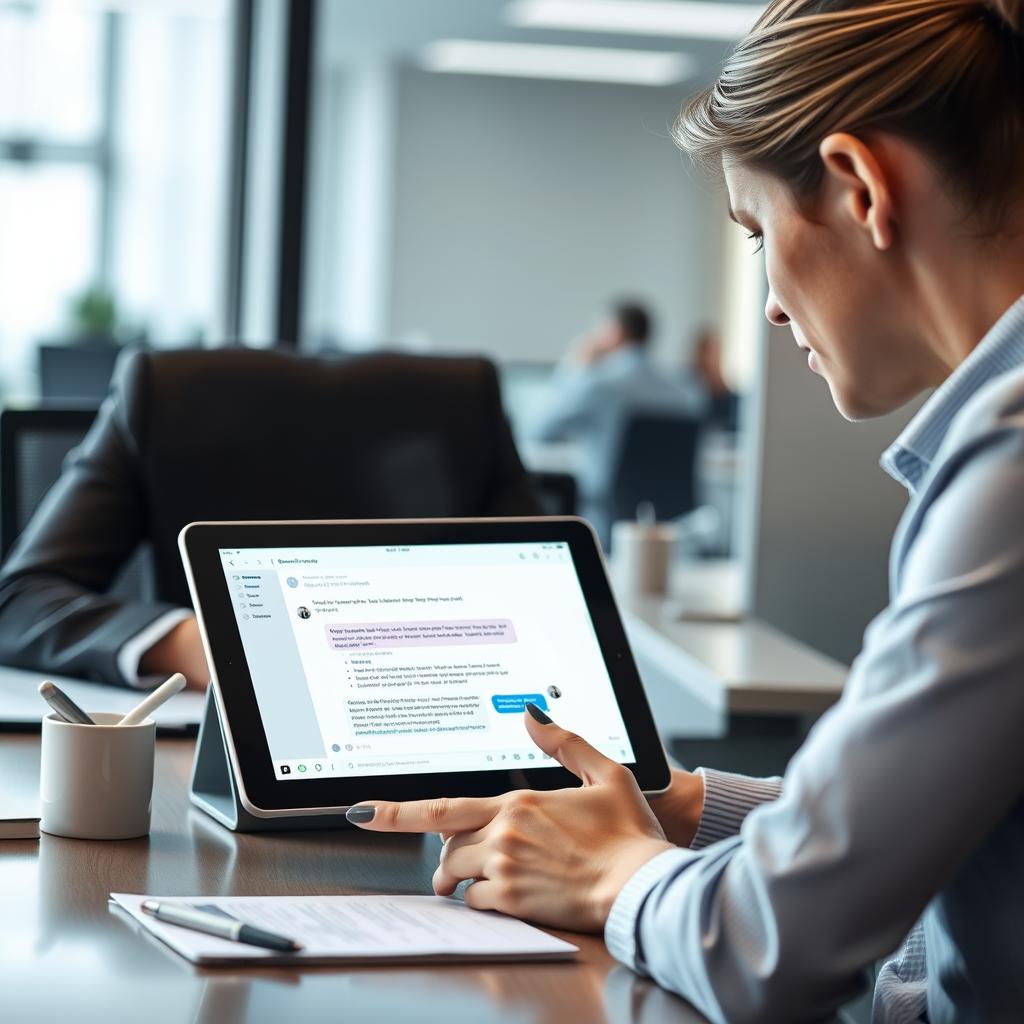 Til artiklens afsluttende del vil jeg tage et billede af en moderne arbejdsplads, der illustrerer den praktiske anvendelse af chatbots i erhvervslivet. Motivet vil inkludere en tablet, hvor Gemini-chatbotten aktivt genererer kode og forslag, mens en person, der ser professionel ud, interagerer med skærmen. Billedet vil være komponeret, så det understreger den dynamiske integration af teknologi i dagligdagen; for eksempel ved at placere tablet’en centralt i billedet med en blødt fokuseret baggrund, der viser et moderne kontormiljø. Dette vil fremhæve den stigende betydning af AI-teknologier i erhvervet og signalere innovation. Jeg vil anvende et Canon EOS 5D Mark IV-kamera med en 35mm f/2 linse for at indfange både dybde og detaljer. Indstillingerne omfatter en blændeåbning på f/4 for at sikre skarphed i hele billedet, ISO 500 for at fange lys fra kontorets naturlige belysning og en lukketid på 1/125 sek. for at undgå sløring. I post-produktionen vil jeg fokusere på farvejustering for at skabe en varm og indbydende atmosfære, der understreger betydningen af chatbots i det nutidige erhvervsliv og den hurtige udvikling inden for teknologi, som artiklen adresserer.