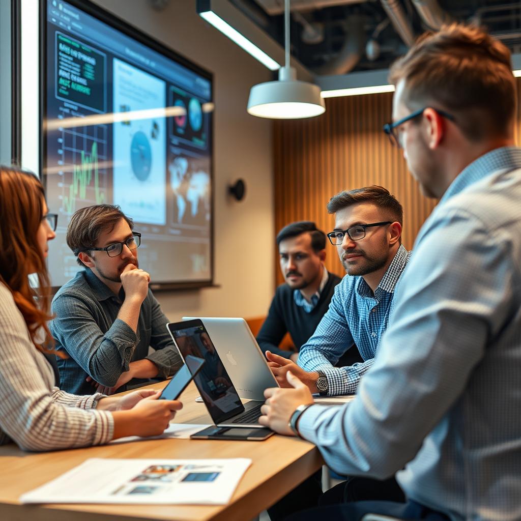 For at illustrere den intense konkurrence blandt tech-giganter om talent inden for AI, har jeg taget et billede af en travl kontorgang i et moderne tech-kontor, hvor en gruppe forskere diskuterer idéer og løsning på problemer. Motivet viser forskere, der er dybt engageret i en samtale, omgivet af højteknologisk udstyr og skærme, der viser grafikker og datavisualiseringer relateret til AI-forskning. Billedet er taget med et Canon EOS R5 med en RF 24-70mm f/2.8L linse. Eksponeringsindstillingerne var 1/125 sekund ved f/4 og ISO 800, for at opnå en klarhed i detaljerne samtidig med at der opretholdes en blød bokeh-effekt i baggrunden. Kompositionen fokuserer på at fange både dynamikken mellem forskerne og det teknologiske miljø, hvilket symboliserer de udfordringer og muligheder, der følger med AI-forskning. De varme toner fra belysningen skaber en indbydende atmosfære, der indikerer et kreativt arbejdsrum, hvor innovationer former sig, og hvor ikke-konkurrenceklausulerne skaber en underliggende spænding blandt de talentfulde medarbejdere. Billedets dynamik og kontekst vil perfekt supplere artiklens fokus på talentkampen inden for AI-området.