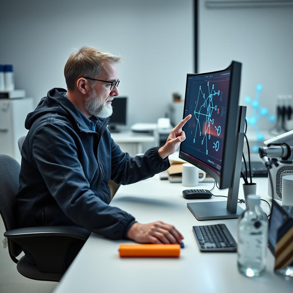 For billedet til den midterste sektion af artiklen om kombinationen af LLM og grafbaserede modeller, forestiller jeg mig et dynamisk set-up fra et moderniseret laboratoriemiljø. Motivet kan være en forsker, der koncentreret sidder foran en computer med en interaktiv skærm, der viser komplekse grafiske visualiseringer af molekylære strukturer og deres respektive atomforbindelser. Forskeren interagerer med grafen gennem touch-teknologi, hvilket symboliserer den nye synergi mellem kunstig intelligens og traditionelt molekylært design. Billedet kan være taget med en Nikon Z7 II og et Nikkor Z 24-70mm f/2.8 objektiv, med eksponeringsindstillinger på ISO 200, blænde f/4 og lukketid på 1/60 sekunder. Jeg vil fokusere på at forstærke detaljer i forskerens ansigt og skærmen med en let anvendelse af blød bokeh, der adskiller dem fra den nærliggende lab-baggrund med udstyr og kemikalier. I efterbehandlingen vil jeg justere farvebalancen for at få de fluorescerende farver fra skærmen til at skinne, hvilket understreger teknologiens indflydelse i molekylært design.