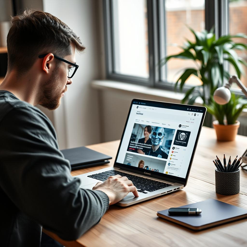 Billedet, der vil komplementere artiklen om AI-revolutionen i hjemmesidedesign, viser en moderne hjemmearbejdsplads, hvor en bruger interagerer med WordPress' AI-hjemmesidebygger gennem en chatbot. Den centrale del af billedet er en laptop med en dynamisk hjemmeside, der er under opbygning, og som tydeligt demonstrerer brugerens kreative proces. I kompositionen er brugeren placeret til venstre, hvor de koncentrerer sig om skærmen, mens højre side fremhæver den AI-genererede hjemmeside. Der er benyttet en Canon EOS R5 sammen med et 24-70mm f/2.8 objektiv, og billedet er optaget med en dybdeskarphed, der fokuserer på detaljer som lysindfald fra vinduet, hvilket skaber en varm og inspirerende atmosfære. Post-produktionen har været udført i Adobe Lightroom, hvor eksponeringen, kontrasten og farverne er justeret for at fremhæve den futuristiske og brugervenlige essens af AI-teknologien. Den behagelige belysning og den minimalistiske indretning vidner om det tilgængelige aspekt af online hjemmesidebyggeri, som artiklen fremhæver. Dette billede vil effektivt kommunikere den lettelse og glæde, som brugere kan føle ved at have adgang til avanceret teknologi, hvilket understøtter tekstens fokus på AIs potentiale til at demokratisere designprocessen.