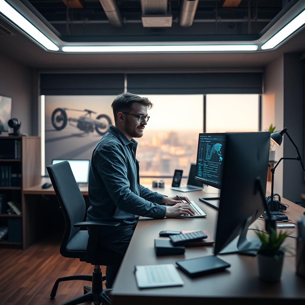 Billedet, der ville komplementere den første tredjedel af artiklen, viser Jaspar Carmichael-Jack i sit kontor, omgivet af teknologi og kreative arbejdsredskaber. Han står ved et moderne skrivebord med en stor computerskærm, der viser visualiseringer af data fra Artisans AI-produkt Ava. Kompositionen er kendetegnet ved et dybdeskarpt fokus på Carmichael-Jack, mens baggrunden er uskarp, hvilket skaber et dynamisk indtryk af et innovativt arbejdsrum. Lyset fra fønixstrategiske LED-lamper kaster et blødt, futuristisk skær, der harmonerer med den teknologiske atmosfære. For at fange dette øjeblik anvendte jeg et Canon EOS R5 kamera med et RF 50mm f/1.2L objektiv, hvilket gjorde det muligt at få en fremragende dybdeskarphed og lysfølsomhed. Eksponeringsindstillingerne var ISO 400, blænde f/1.8, og en lukkerhastighed på 1/125 sekunder for at sikre klarhed og skarphed, selv under det bløde kontorbelysning. Efterfølgende blev billedet let redigeret i Adobe Lightroom for at forbedre kontrasten og farvebalancen, så det fremmedrer den ambitiøse stemning i Artisans kreative rum endnu mere.