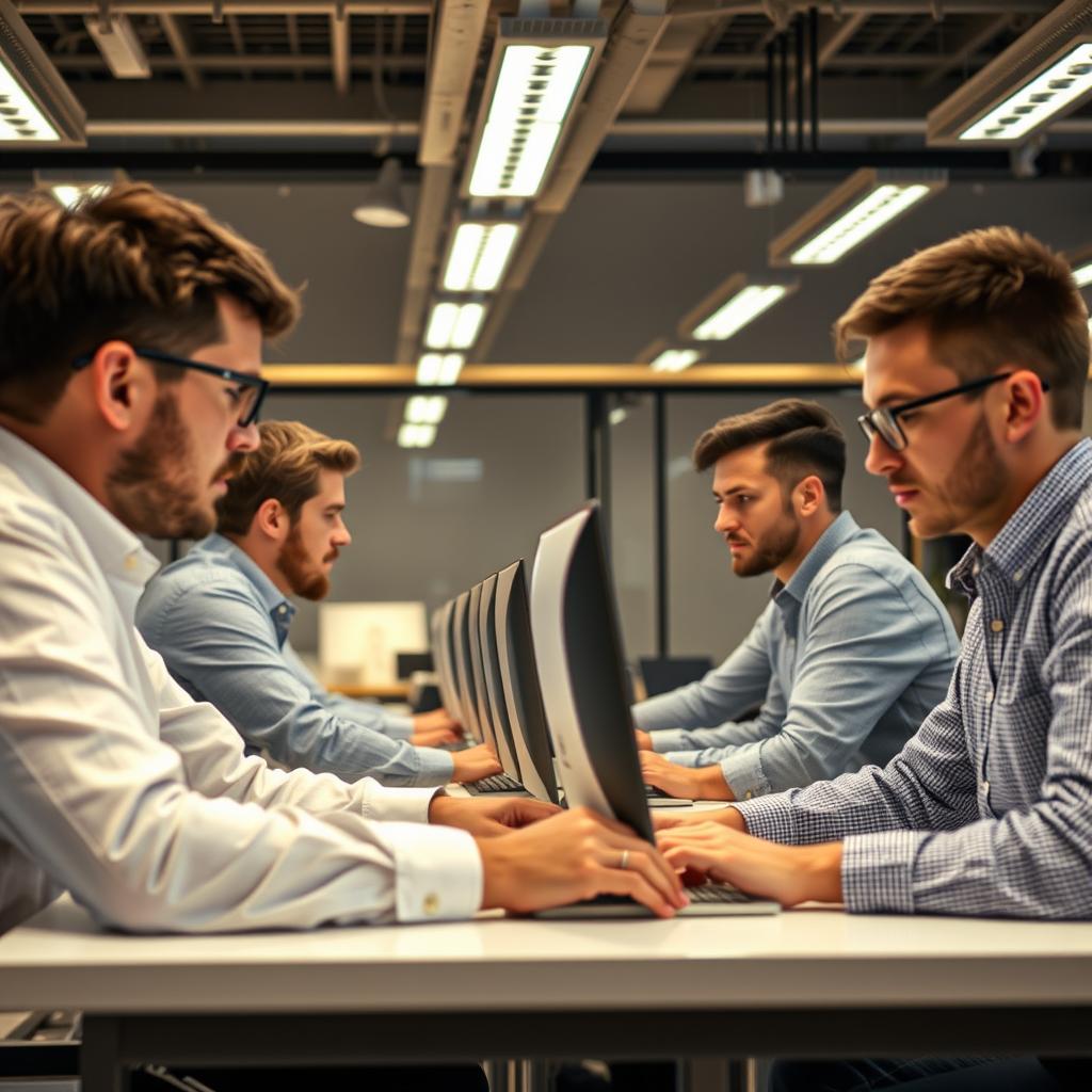 Til denne artikel om Store investeringer i fremtiden for kunstig intelligens vil et billede af det moderne kontormiljø hos Safe Superintelligence (SSI) kunne være særligt effektivt. Motivet fokuserer på et team af innovative ingeniører i dyb koncentration omkring deres computere, mens de arbejder på komplekse AI-modeller. Deres ansigtstræk udtrykker både spænding og seriøsitet, hvilket fanger den intense atmosfære, hvor ideer til en ny æra af superintelligens bliver til. Kompositionen er præcist opdelt i tre, med fokus på både den avancerede teknologi og de personer, der driver den fremad. Billedet er taget med en Canon EOS R5 ved 24mm med en blænde på f/2.8, og belysningen er skabt gennem bløde LED-pærer, der fremhæver de varme nuancer i rummet. Det tekniske udstyr og opsætning er nøje udvalgt for at fremhæve både menneskerne og deres arbejde. Situationsbestemt efterbehandling er blevet brugt i Lightroom for at give billedet et ensartet look med dybe kontraster, så der skabes fokus på teamet. Dette billede vil ikke kun visualisere SSI som en dynamisk spiller i AI-verdenen, men også kommunikere den passion og dedikation, der ligger bag deres imponerende finansieringsresultater. Det vil effektivt appellere til de teknologisk interesserede læsere, der ønsker at forstå det menneskelige aspekt bag den revolutionerende udvikling inden for kunstig intelligens.