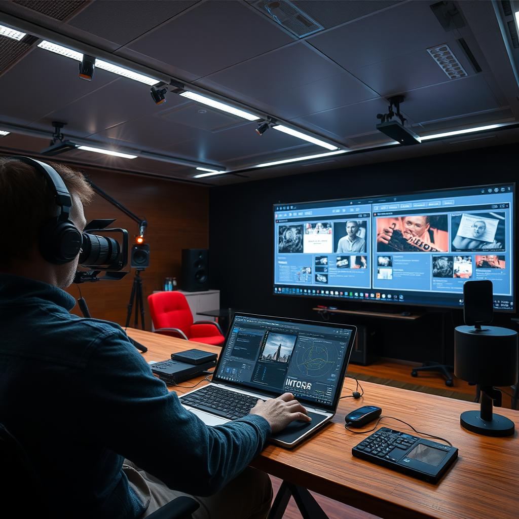 Billedet, der vil passe perfekt til denne artikel, viser en filmskaber i et moderne, dynamisk arbejdsmiljø, der er fyldt med teknologi. I forgrunden ses instruktøren koncentreret foran en stor skærm, der viser storyboard-software, mens manuskriptbrydningsværktøjer udfylder baggrunden. Skærmene lyser i svage blå nuancer, hvilket skaber en futuristisk stemning, der indikerer den innovative tilgang til filmproduktion, som AI bringer. Det hektiske miljø er fyldt med visuelle elementer, der understøtter det kreative arbejde, og fremhæver de muligheder, som AI giver filmproducenter til at arbejde smartere og mere effektivt. Fotografiet er taget med et Canon EOS R5 kamera og et 24-70mm f/2.8 objektiv. For at opnå en balanceret dybde af felt er der anvendt en blændeværdi på f/4, mens ISO-værdien holdes lav (ISO 100-200) for at minimere støj. En lukkerhastighed på 1/125 sek er valgt for at fryse bevægelser, hvilket sikrer klarhed i billedet. Dette skud fanger ikke kun den teknologiske overgang inden for filmproduktion, men kommunikerer også den kreative frihed, der følger med anvendelsen af AI-værktøjer.