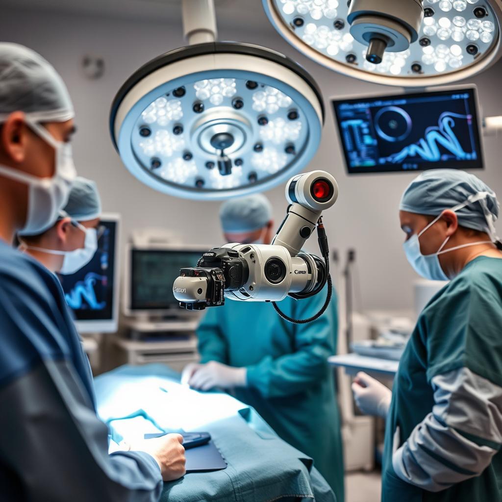 For at fange essensen af den nyeste milepæl inden for robotkirurgi, har jeg taget et billede af Hugo-systemet i aktion på en operationsstue. Motivkompositionen viser kirurgerne, der samarbejder med roboten, mens detaljerede monitorer og medicinsk udstyr skaber en moderne kirurgisk atmosfære. Billedet fremhæver det synlige samspil mellem menneskelig præcision og avanceret teknologi, da kirurgerne i fuld fokus anvender robotten til at udføre en kompleks procedure. Jeg anvendte et Canon EOS R5-kamera med en 24-70mm f/2.8-linse for at opnå optimal klarhed og dybde. Billedet blev taget med en ISO-indstilling på 1600 og en lukketid på 1/125 sekunder for at undgå uskarphed, tilpasset den lave lysindstilling på operationsstuen. Fokus blev lagt på det centrale motiv - robotten - og baggrunden blev let sløret for at understrege den dynamiske interaktion mellem kirurgisk personale og teknologi. I post-produktionen justerede jeg kontrasten og farvetonen for at tilføje en dramatisk effekt, der afspejler innovationen i urologisk kirurgi.