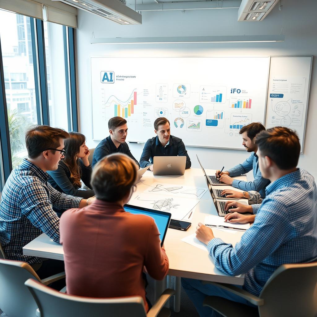 For at illustrere den samtale og oplysning, der foregår omkring AI i erhvervslivet, vil jeg tage et foto af et moderne kontormiljø, hvor et team af unge professionelle engagerer sig i en aktiv brainstorming session. Bildet vil fange en gruppe mennesker, der sidder omkring et stort skrivebord, med laptops åbne og grafiske repræsentationer af AI-løsninger præsenteret på en skærm i baggrunden. Kompositionen vil være dynamisk, med naturligt lys, der strømmer ind fra vinduerne, og farverne fra laptops og whiteboards vil skabe en livlig kontrast, der fremhæver innovation og samarbejde. Jeg vil anvende mit Canon EOS R5 med et RF 35mm f/1.8 macro objektiv for at få en god balance mellem skarphed og dybdeskarphed. Indstillingerne vil være ISO 800, blænde f/2.5 og lukketid på 1/60 sekunder for at opnå optimal belysning uden blænde, så detaljerne i ansigtsudtryk og interaktionen mellem deltagerne fanges klart. Dette billede vil fremhæve den afmystificering af AI-teknologier, som artiklen omhandler, ved at vise, hvordan almindelige mennesker kan samarbejde om disse værktøjer, hvilket underbygger budskabet om, at AI nu er tilgængelig for alle.