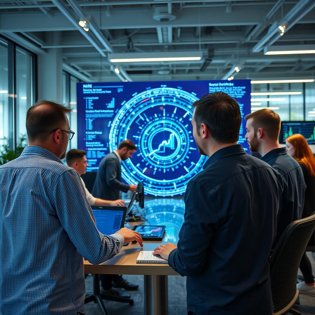 Til den første tredjedel af artiklen ville et billede af et moderne kontormiljø, hvor mennesker arbejder sammen med avanceret teknologi, være ideelt. Billedet skal indfange en gruppe medarbejdere, der engagerer sig i tæt samarbejde omkring en stor skærm, der viser komplekse dataanalyser og AI-genererede visualiseringer. Kompositionen vil fokusere på interaktionen mellem det menneskelige element og teknologien, med mennesker, der viser nysgerrighed og begejstring i deres ansigtstræk. Lysforholdene skal bevares naturlige, med bløde nuancer, der signalerer en produktiv atmosfære. Jeg vil bruge mit Canon EOS R5 kamera med et RF 24-70mm f/2.8L IS USM objektiv for at opnå en skarp dybdeskarphed og give fokus på personalet og skærmen i midten. Eksponeringsindstillingerne vil være sat til 1/125 sek., f/4 og ISO 400 for at sikre klarhed og detalje i både ansigtstræk og teknologiske elementer. Billedet redigeres i Lightroom for at forbedre kontrast og farvemætning, hvilket giver en mere levende repræsentation af det dynamiske forhold mellem mennesker og maskiner i det moderne arbejdsmiljø.