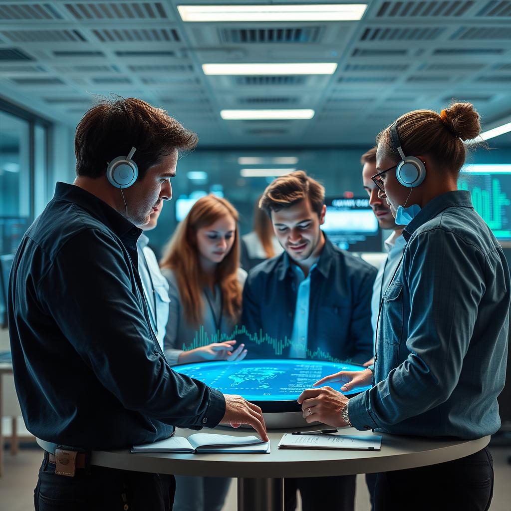 Til den midterste del af artiklen ville et billede af en moderne arbejdsplads, hvor forskellige medarbejdere samarbejder om at analysere komplekse data ved hjælp af avanceret teknologi, være ideelt. Billedet skal indfange essensen af den menneskelige interaktion og det dynamiske forhold mellem mennesker og maskiner. Kompositionen fokuserer på en gruppe, der står omkring en skærm, der viser AI-genererede visualiseringer, med ansigtstræk, der udstråler nysgerrighed og begejstring. Lysforholdene skal være bløde og naturlige, der skaber en produktiv og inspirerende atmosfære. Jeg vil anvende mit Canon EOS R5 kamera sammen med et RF 24-70mm f/2.8L IS USM objektiv for at opnå en skarp dybdeskarphed, der fremhæver detaljerne i både ansigtstræk og skærmens indhold. Eksponeringsindstillingerne vil være sat til 1/125 sek., f/4 og ISO 400 for at sikre klarhed og detalje. Billedet vil blive redigeret i Lightroom, hvor kontrast og farvemætning vil blive forbedret, så det afspejler en dynamisk symbiose mellem mennesker og teknologi i dagens arbejdsmiljø.