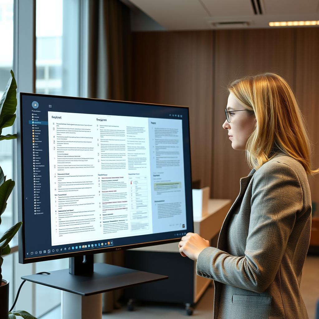 Til denne artikel vil jeg tage et billede af en moderne kontorarbejdsplads, hvor en receptionist eller en medarbejder interagerer med en AI-drevet dokumentudtræksløsning på en ultramoderne skærm. Motivets fokus vil være på skærmen, der viser komplekse dokumenter med forskellige layoutformer, fra håndskrevne noter til tabeller og diagrammer, mens medarbejderen ser koncentreret ud. Dette vil symbolisere overgangen fra traditionel OCR til mere avancerede, agentbaserede løsninger, hvilket afspejler artikelens kernebudskab om effektiviseringen af dokumenthåndtering. Jeg vil bruge et Canon EOS 5D Mark IV-kamera med en 24-70mm f/2.8-linse. For kompositionen vil jeg anvende reglerne for tredeling, så skærmen er placeret i den ene tredjedel af billedet, mens medarbejderen sidder i den anden. Jeg vil indstille kameraet til en blændeåbning på f/4 for at opnå en passende dybdeskarphed og samtidig sikre, at både skærmen og medarbejderen er i fokus. Eksponeringsindstillinger vil være ISO 400 ved 1/125 sek. Efterfølgende vil jeg anvende Adobe Lightroom til at justere lysstyrken og kontrasten, så det teknologiske aspekt fremhæves.