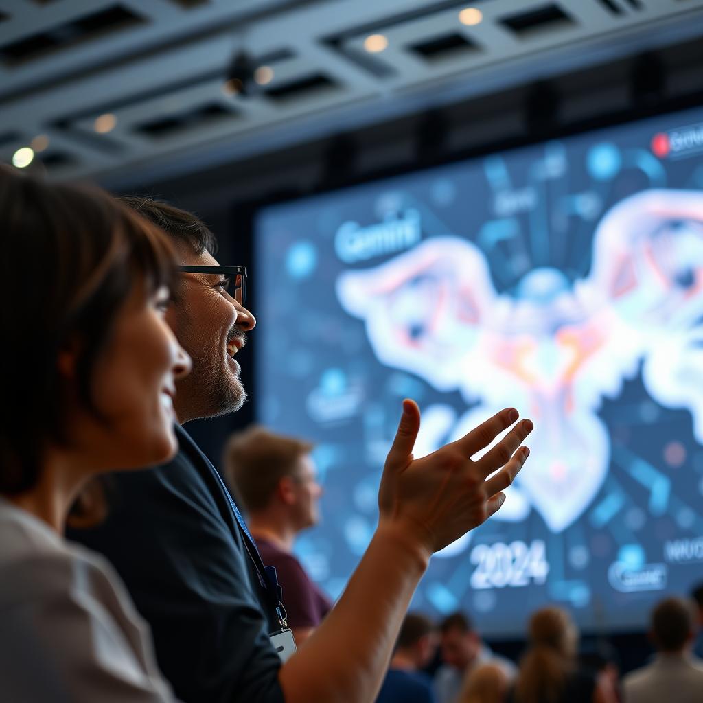 Til den første del af artiklen om Google Gemini kunne et billeder, der viser en dynamisk scene fra Google I/O 2025-konferencen, være ideelt. Billedet kunne fange en entusiasteret deltager, der interagerer med en live-demo af Gemini AI på en stor skærm. Kompositionen ville omfatte ansigtet på personen i fokus, med det imponerende baggrundshologram af Gemini, hvor farverige data og interaktive grafikker præsenteres. Dette vil illustrere den innovation, som Gemini symboliserer, og give en følelse af realtid og interaktivitet. For at opnå denne scene kunne jeg bruge et Canon EOS R5-kamera med en 24-70mm f/2.8 linse. Indstillingerne ville være ISO 800 for at fange detaljerne i det dimmede konferencebelysning, en blænde på f/4 for dybdeskarphed, og en lukkerhastighed på 1/125 sek. Med efterbehandling i Adobe Lightroom ville jeg justere kontrast og skarphed for at fremhæve detaljerne i teknologiske elementer og ansigtsudtryk. Billedet vil ikke blot illustrere den fremskridende teknologi, men også det menneskelige element i interaktionen med AI, perfekt til at følge op på artiklens diskussion om Gemini.