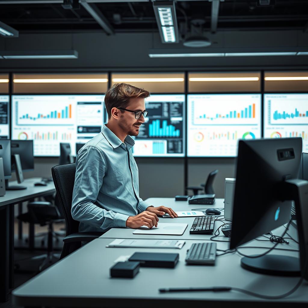 Et ideelt foto til at komplementere artiklen vil være en dynamisk optagelse af en medarbejder, der interagerer med en AI-drevet datavisualiseringsplatform. Billedet skal illustrere en moderne arbejdsstation med flere skærme, hvor livlige dataanalyser, diagrammer og AI-kommunikationsvinduer er synlige. Kompositionen følger tredelingsteorien, med medarbejderen placeret til venstre i billedet og skærmene, der dominerer baggrunden. Dette understreger den sømløse integration mellem menneske og teknologi, som artiklen fremhæver, og visuelt kommunikerer, hvordan data bliver mere tilgængelige for enhver i organisationen. For optagelsen anbefales det at bruge et DSLR-kamera som Canon EOS 5D Mark IV, sammen med en EF 24-70mm f/2.8-linse for at fange detaljerne i scenen. En blændeåbning på f/4 sikrer, at både medarbejderen og skærmene er i fokus med en lukkerhastighed på 1/125 sekunder for at eliminere bevægelsessløring. Post-produktionen kan udføres i Adobe Lightroom, hvor lysbalance og kontrast justeres for at give billedet en moderne og professionel fremtoning. Denne teknik vil fremhæve de AI-teknologiske muligheder, som artiklen diskuterer, og tilsikre, at billedet passer perfekt til konteksten.
