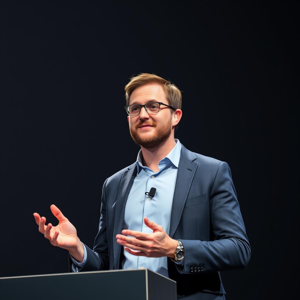 Et ideelt billede til artiklens midterste del vil fange Ilya Sutskever midt i en dynamisk præsentation, hvor han står ved et podium. Dette billede skal tages i en svagt oplyst sal, hvor spotlightet fremhæver ham som centralfigur. Baggrunden vil være let sløret for at fokusere på hans ansigt og gestik, mens subtile teknologiske elementer fremhæver innovation, såsom skærme med data og grafikker, der symboliserer fremtidens AI. Kompositionen vil følge den gyldne regel, hvilket placerer Sutskever godt i billedet, mens det visuelle indhold skaber en fortælling om ambition og innovation. Billedet vil blive taget med et Canon EOS R5-kamera og en RF 24-70mm f/2.8 linse. Den tekniske opsætning inkluderer en lukketid på 1/200 sekund, blænde f/2.8 og ISO 800 for at sikre skarpe detaljer i det svage lys. Efterfølgende redigering i Lightroom vil fremhæve kontrasten og mætningen, hvilket forstærker den energiske atmosfære i scenen. Dette billede vil ikke blot komplementere artiklen, men også visuelisere det intense kapløb, der præger AI-feltet og fange essensen i Sutskevers vision for SSI.