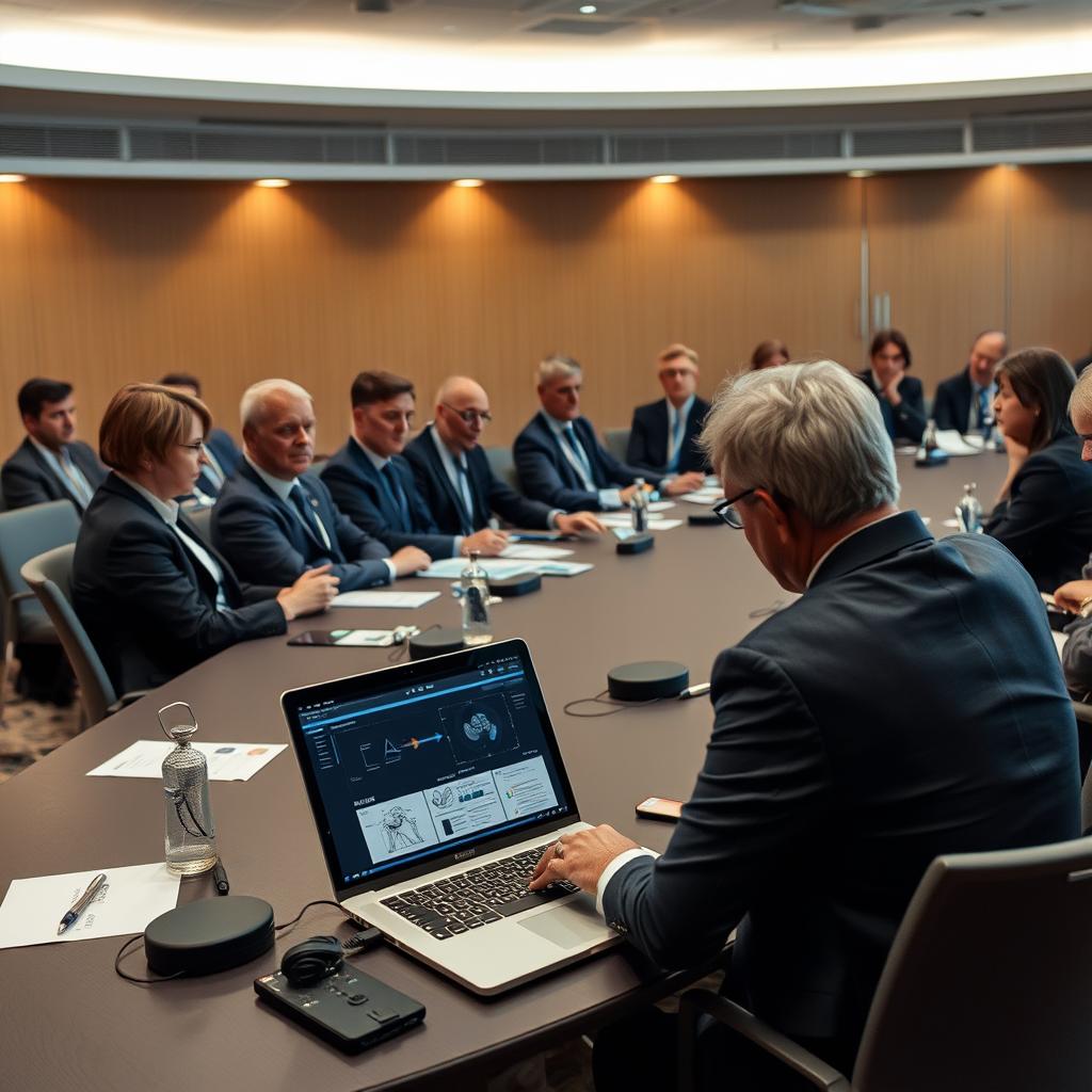 Til denne artikel vil jeg tage et billede af et mødested, hvor beslutningstagere fra EU drøfter AI Act. Motivets centrale element er et stort konferencebord, hvor deltagerne, iført professionelle attire, sidder og ser engagerede ud, mens de diskuterer dokumentation og sikkerhedskravene i forbindelse med kunstig intelligens. Kompositionen vil følge tredelingsreglen, hvor fokuspunktet er en åben laptop med dokumenter og diagrammer om AI Act, der illustrerer lovgivningens komplekse indhold. Jeg vil bruge mit Canon EOS R5 kamera med en 24-70mm f/2.8 linse for at få en skarp og klar fremstilling af ansigtstræk og omstændighederne. Eksponeringsindstillingerne vil være ISO 400, f/4, og 1/125 sek for at fange den naturlige belysning i rummet, hvilket vil fremhæve både deltagerne og den teknologi, der er til stede. Efterfølgende vil jeg anvende Lightroom til at justere kontrasten og farverne, så billedet formidler den seriøse men innovative stemning omkring AI Act-diskussionen.