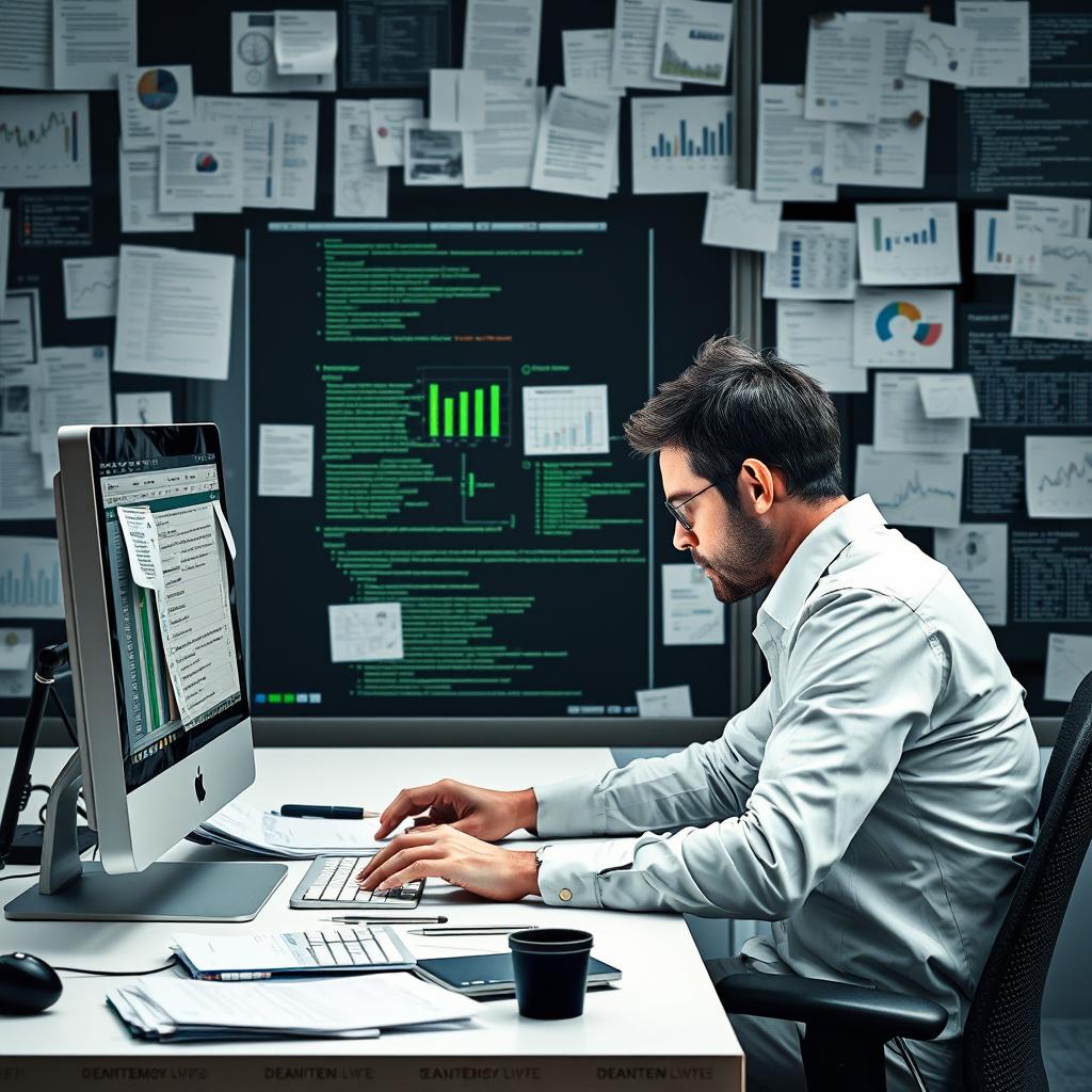 Til denne artikel ville et billede af en moderne arbejdsplads, hvor en medarbejder aktivt bruger en computer til at søge efter specifik information blandt en stor mængde data, være ideelt. I billedet kan man se en skærm fyldt med forskellige dokumenter og grafer, mens medarbejderen er i færd med at navigere i en kompleks brugergrænseflade. Kompositionen skal have medarbejderen centralt placeret, mens skærmbilledet tilføjer lag af information i baggrunden, hvilket visuelt repræsenterer udfordringen ved at finde