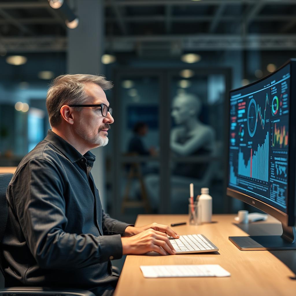 Til denne artikel om AIs indflydelse på arbejdsmarkedet kunne et stærkt billede være et portræt af en professionel i et moderne kontormiljø, der interagerer med en avanceret AI-platform på en stor computerskærm. Motivets centrale fokus er på ansigtet af medarbejderen, der udtrykker koncentration og innovation, mens grafiske AI-datakilder og analyser præsenteres på skærmen. Billedet skal være taget i naturligt lys for at fremhæve kontorets dynamik, samtidig med at der anvendes en blød bokeh-effekt i baggrunden for at fremhæve motivet, hvilket tilføjer en moderne og professionel fornemmelse. Udstyret til dette skud kunne være en Canon EOS R5 kombineret med en 50mm f/1.2L objektiv. Indstillingerne kunne være ISO 400, f-stop 1.8 og en lukkerhastighed på 1/125 sekunder. Efter produktionen kunne billedet redigeres i Adobe Lightroom for at justere farvetonen og kontrasten, hvilket får både motivet og skærmens detaljer til at fremstå klare og indbydende. Dette billede vil effektivt kommunikere temaerne fra artiklen: overgangen til AI, behovet for omskoling og de muligheder, som teknologien medfører.