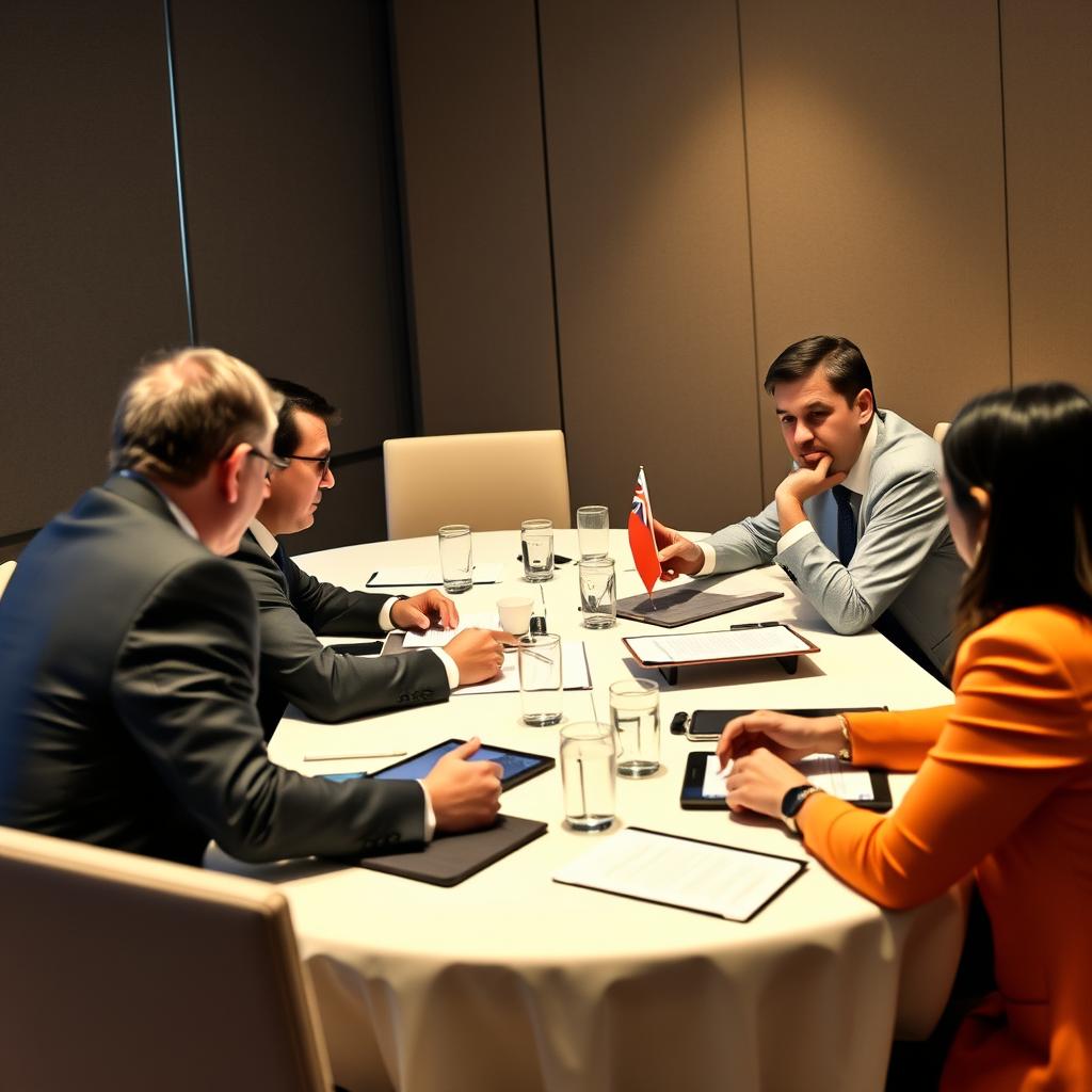Til at illustrere den dynamik og samarbejde, der blev indgået mellem Storbritannien og Singapore under det tiende årlige Financial Dialogue, forestiller jeg mig et billede, der fanger øjeblikket af interaktion mellem deltagere ved business roundtable. Billedet viser en gruppe af professionelle fra begge lande, der siddende om et konferencebord, dybt engageret i en diskussion, mens de kigger på digitale skærme og noter. Kompositionen er tæt og intim, med fokus på ansigtstræk, der afslører entusiasme og alvor, hvilket afspejler den betydning, deres samtaler har for fremtiden for AI i finansbranchen. Jeg vil bruge en Canon EOS R5 med en 24-70mm f/2.8 lens, hvilket giver mulighed for en dybdeskarphed og klare detaljer i ansigtstrækene. Indstillingen vil være ISO 800, blænde f/4 for at fange både skarphed og en blød baggrund, og en lukkerhastighed på 1/125 for at undgå bevægelsessløring. Billedet vil redigeres i Adobe Lightroom for at justere kontrast og farvemætning, så stemningen af samarbejdsvillighed fremhæv