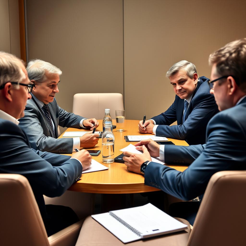 Til at illustrere dynamikken i samarbejdet mellem Storbritannien og Singapore under det tiende årlige Financial Dialogue, forestiller jeg mig et billede, der fanger øjeblikket med interaktion imellem professionelle deltagere ved business roundtable. Billedet viser en gruppe mennesker, som sidder rundt om et konferencebord, dybt engagerede i en diskussion. Deres ansigtstræk afslører entusiasme og alvor, mens de kigger på digitale skærme og tager noter, hvilket demonstrerer den betydning, deres samtaler har for fremtiden for AI i finanssektoren. Kompositionen er tæt og intim og anvender tredelingsteorien til at placere deltagernes ansigtstræk langs de visuelle linjer, hvilket skaber en dynamisk oplevelse for beskueren. For den tekniske opstilling vil jeg bruge en Canon EOS R5 med en 24-70mm f/2.8 linse, der giver mulighed for at opnå en imponerende dybdeskarphed og klarhed i ansigtstrækene. Indstillingerne vil være ISO 800, blænde f/4 og en lukkerhastighed på 1/125 sekunder for at undgå bevægelsessløring. Efte