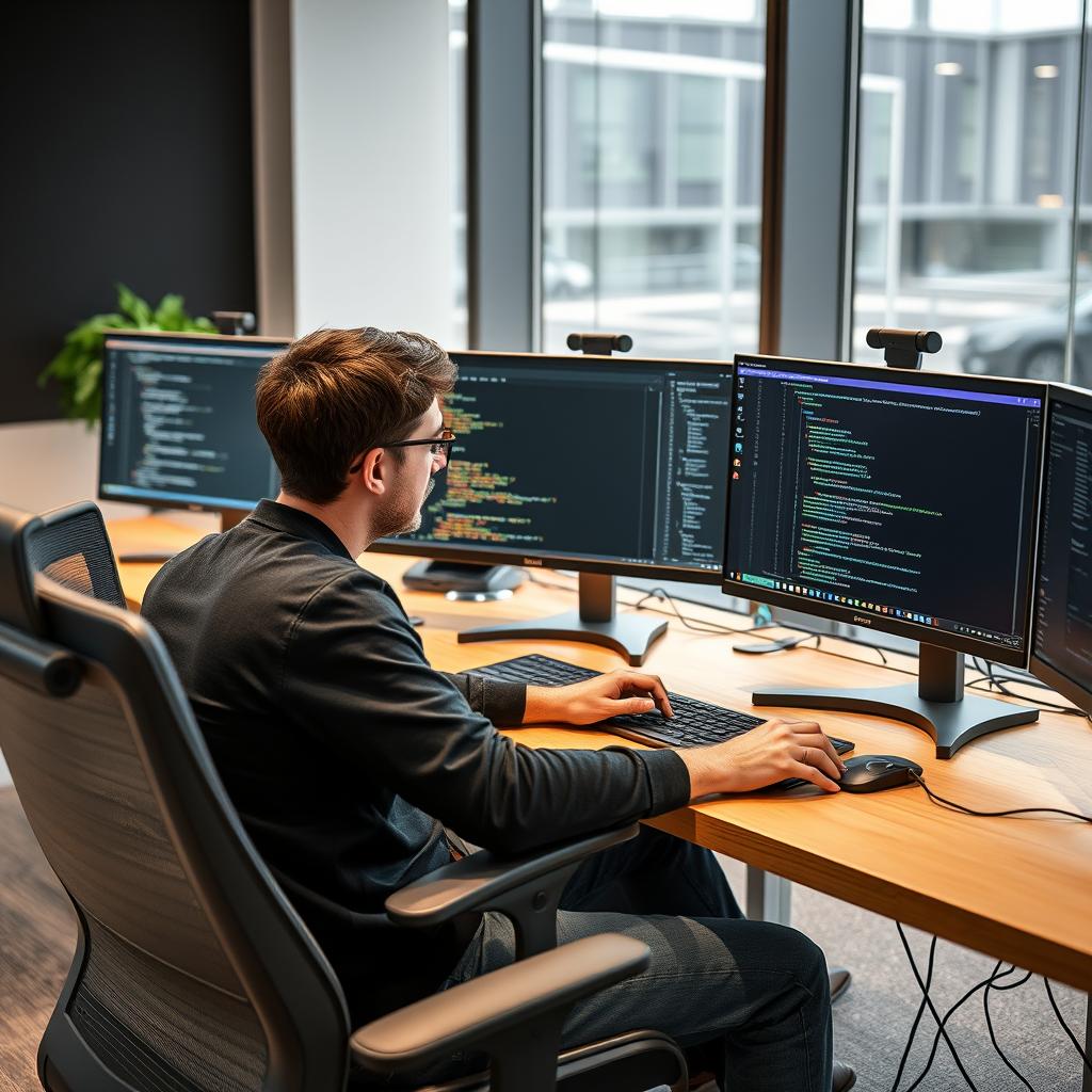 Til artiklen om Microsofts åbne kildekode-udgivelse af GitHub Copilot Chat-udvidelsen til Visual Studio Code ville et ikonisk billede fange en udvikler, der arbejder med den nye open source-platform. På billedet ses en fokuseret programmør, der sidder ved en moderne arbejdsstation med flere skærme i en lys og inspirerende kontormiljø. Den centrale skærm viser Visual Studio Code med det nyeste interface til Copilot Chat, hvor der er en aktiv chat-boks og kodesekvenser synligt på skærmen. Kompositionen udnytter det gyldne snit for at lede beskuerens øjne mod skærmens indhold, mens programmøren ser engageret ud, hvilket understreger den humanistiske tilgang til teknologi.
Udstyrsmæssigt anvendte jeg et Canon EOS R5 med en RF 24-70mm f/2.8 linse. Jeg indstillede kameraet til ISO 800, en blændeåbning på f/4 og en lukkertid på 1/60 sekunder for at fange detaljerne under det naturlige lys fra vinduerne. Efterfølgende blev billedet finjusteret i Adobe Lightroom for at forbedre kontrasten og klarheden, hvilket fremhæ