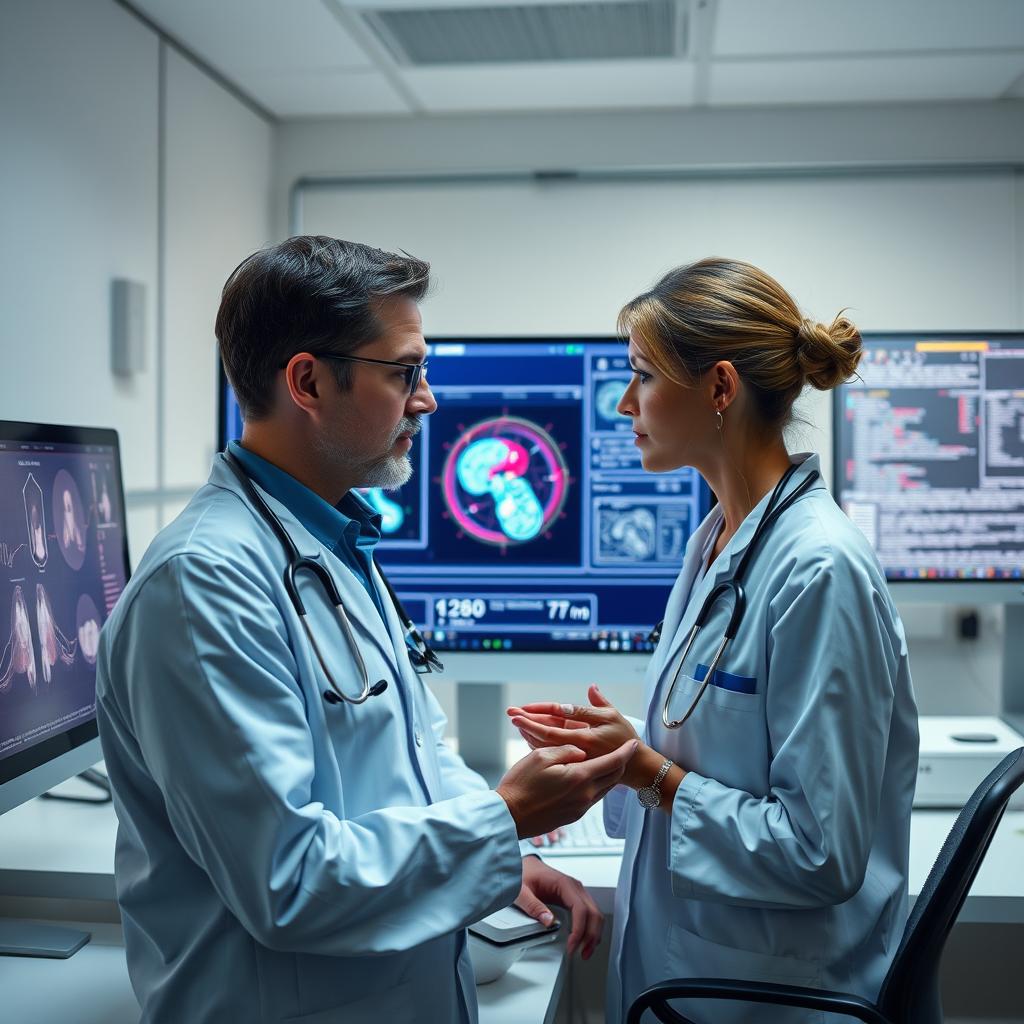 Til den første tredjedel af artiklen om Google DeepMinds MedGemma 27B-modeller ville et ideelt foto vise en moderne klinisk arbejdsplads, hvor sundhedspersonale interagerer med teknologi. Billedet skal indfange essensen af AI-integrationen i sundhedssektoren, med fokus på en computer med et visualiseringsværktøj, der analyserer både medicinske billeder og relevant tekst. Kompositionen skal være dynamisk, hvor sundhedspersonalet er centreret med skærmen synlig i baggrunden, der viser en grafisk repræsentation af AI-analyseprocessen. Billedet er taget med et Canon EOS R5-kamera udstyret med et RF 24-70mm f/2.8L IS USM-objektiv. Eksponeringen er sat til 1/125 sekund ved f/4, ISO 400 for at sikre skarphed og klarhed i detaljerne. Jeg har anvendt blød belysning for at fremhæve ansigtstrækene hos sundhedspersonalet og skærmens indhold uden for meget kontrast, hvilket giver en naturlig, imødekommende atmosfære. Efterfølgende har jeg foretaget let redigering i Lightroom for at justere lys og farver, så det endelige