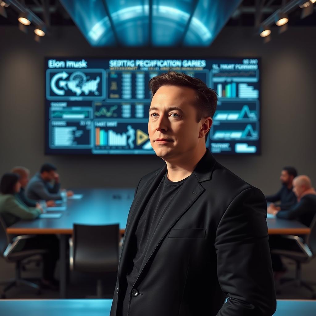 Til denne artikel kunne et foto, der illustrerer den immense dynamik i technologisk innovation, være en visuel repræsentation af Elon Musk, stående foran en stor skærm, der viser data og præstationsspecifikationer for Grok 4. Billedet skal fange øjeblikket i et moderne mødelokale, med lys, der reflekterer sig i hans ansigt, mens han peger mod skærmen. I baggrunden ses teammedlemmer og værktøjer, der symboliserer innovation og samarbejde. Kompositionen benytter gyldne snit til at fremhæve Musk som hovedmotivet, mens dataene bag ham tilføjer kontekst og vigtighed til scenen. Udstyret til dette skud kunne være en Canon EOS R5 med et RF 24-70mm f/2.8L linse, indstillet til f/4 for at opnå en dybdeskarphed, der holder fokus på Musk, men stadig giver et klart billede af skærmen bag ham. Eksponeringen kunne være sat til 1/125 sekund ved ISO 200, hvilket giver en god balancen mellem lys og skygge. I post-produktionen ville jeg bruge Adobe Lightroom til at justere kontrasten, så detaljerne i skærmen fremhæves, samti