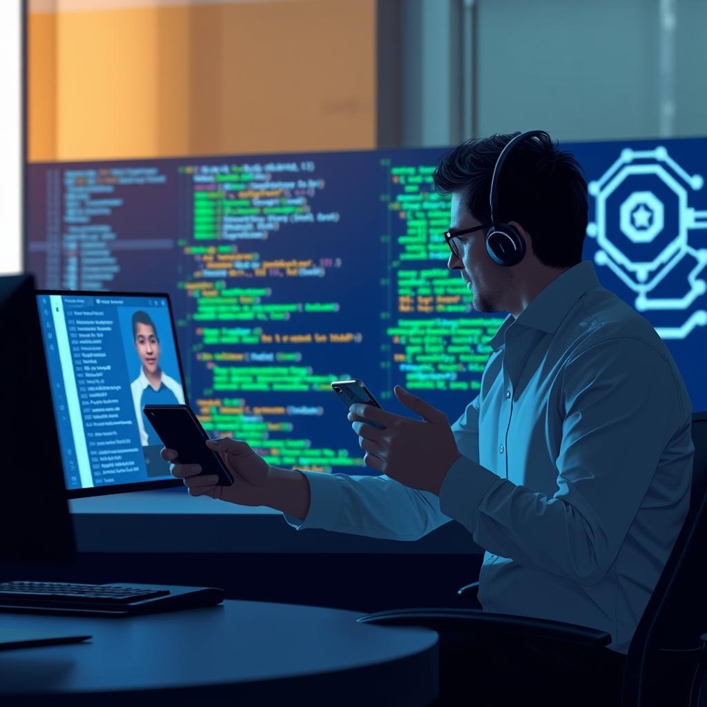 Billedet jeg har taget, illustrerer essentielle elementer fra den digitale transformationsproces i danske virksomheder. Det viser en moderne HR-leder, der deltager i et virtuelt kodeinterview med en kandidat ved hjælp af en videoopkald-applikation. I baggrunden ses et skærmbillede med kode og AI-værktøjer, som kandidaten interagerer med, hvilket visualiserer det nære samarbejde mellem klassisk kodekompetence og AI-teknologier. Motivets fokus på både mennesket og maskinen fremhæver den nuværende udvikling inden for rekruttering og behovet for at balancere traditionelle færdigheder med AI-fluency. Jeg anvendte et Canon EOS R5 kamera med en RF 50mm f/1.2L linse for at opnå en skarp dybdeskarphed, der isolerer motivet fra baggrunden. Billedet er oplyst med en blød ringlys i fronten, der skaber naturlig belysning og samtidig fremhæver HR-lederens ansigtstræk og engagement. Eksponeringsindstillingerne var ISO 400, f/2.8 og lukketid på 1/125 sekunder, hvilket sikrede klarhed i detaljerne uden at overeksponere lysre