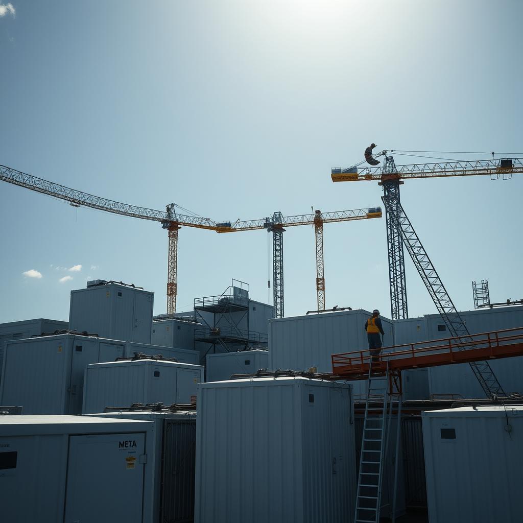 I mit fotografi til artiklen om Meta, vil jeg indfange et øjeblik fra opførelsen af et midlertidigt telt-datacenter i en hektisk byggeplads. Billedet viser en række farverigt markerede telte, der er opstillet i solens stråler, med arbejdstagere iført sikkerhedsudstyr, der hurtigt installerer hardware og forbindelser indenfor strukturerne. Deres dynamiske bevægelser skaber en følelse af travlhed og pres, symboliserende den hastighed, Meta stræber efter i deres AI-udvikling. Kompositionen vil være domineret af teltene i forgrunden, mod en sløret baggrund af kraner og byggeudstyr, hvilket understreger kontrasten mellem det midlertidige og det permanente. Fotografiet vil blive taget med et Canon EOS 5D Mark IV, sammen med et 24-70mm f/2.8 L objektiv. For at opnå en klar og skarp billeder vil jeg bruge en blændeåbning på f/8 for maksimal dybdeskarphed og eksponeringstiden sat til 1/250 sekund for at fryse bevægelsen. Den naturlige belysning vil blive udnyttet til at fremhæve teltene og arbejdstagerne, og jeg vil