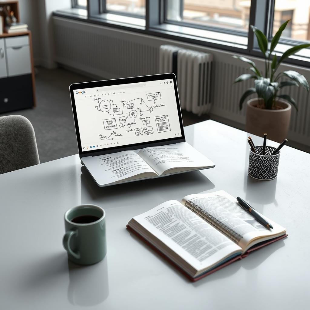 Billedet, jeg vil tage til artiklen om Googles udvidelse af NotebookLM, vil vise en moderne arbejdsstation i et stilfuldt kontormiljø. Motivet vil inkludere en laptop åbnet over en åben notesbog, hvor der vises farverige diagrammer og notater relateret til de nyeste AI-drevne funktioner i NotebookLM. På skrivebordet vil der også være en skærm, der viser et browser-vindue åbent på oplysninger om kuraterede notesbøger fra anerkendte udgivere som The Economist og The Atlantic. Billedet vil give en følelse af samarbejde og innovation, ideelt til at illustrere artiklens fokus på vidensdeling og digitalt arbejde. Jeg vil bruge et Canon EOS R5-kamera med et RF 28-70mm f/2-linse. For at sikre, at belysningen fremhæver de farverige elementer, vil jeg benytte en blød LED-lysopsætning for at undgå hårde skygger. Billedet vil blive kompositioneret under hensyn til tredeling, hvor laptoppen placeres i en af de stærke punkter, hvilket guider seerens øje mod indholdet. Jeg vil redigere billedet i Adobe Lightroom for at jus