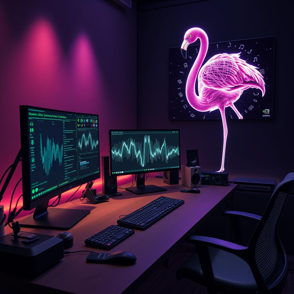 Til artiklen om NVIDIAs Audio Flamingo 3 ville et billede af en innovativ arbejdsstation med avanceret lydteknologi være ideelt. Billedet kunne vise en softwareudvikler, der interagerer med en computer, mens komplekse grafiske visualiseringer af lydbølger og AI-analyse vises på skærmen. Motivets fokus på både menneskelig og teknologisk interaktion fremhæver det menneskelige aspekt af AI-lydforståelse. Kompositionen skal reflektere en moderne arbejdsplads med en klar dybde og et dynamisk spil af lys, der fremhæver skærmens detaljer. I teknisk henseende vil jeg bruge et Canon EOS R5 med et RF 24-70mm f/2.8L IS USM objektiv. Kameraet vil være indstillet til en lukketid på 1/125 sekunder, blænde f/4 og ISO 400, hvilket giver et skarpt og velbelyst billede uden overbelyste områder. Billedet vil blive redigeret i Adobe Lightroom for at forbedre farverne og kontrasten, så det skaber en inspirerende atmosfære, der drager læseren ind i udviklingsverdenen bag Audio Flamingo 3.