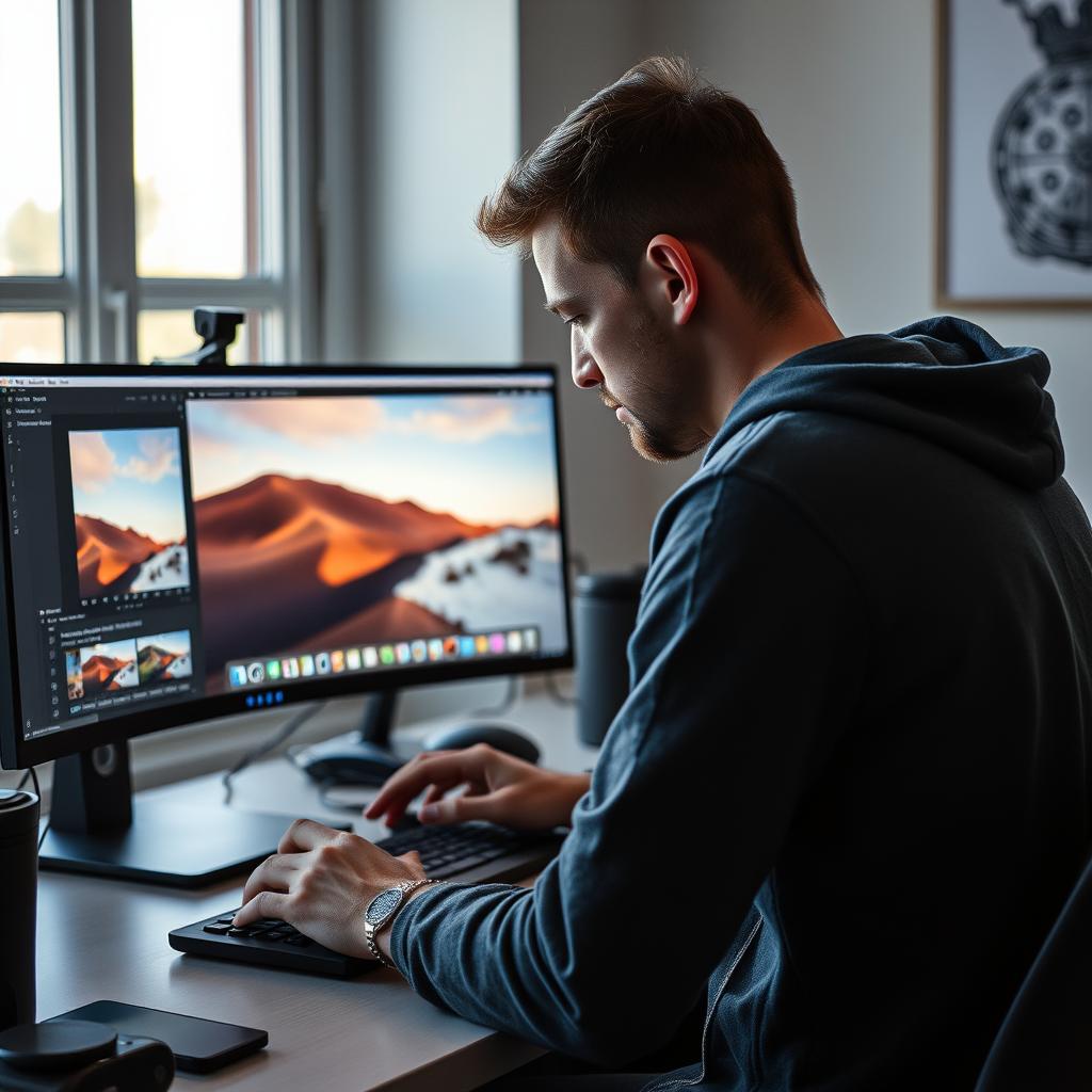 Til den midterste del af artiklen kan et foto af JarvisArt-brugerens oplevelse ved redigering af billeder være særligt sigende. Billedet kan vise en person, der arbejder ved en computer med Adobe Lightroom åbent, mens JarvisArt-grænsefladen vises på skærmen. Motivet skal være en engageret bruger, der skifter mellem at justere billeder og interagere med AI-assistentens anbefalinger. Kompositionen skal følge tredelingsteorien, hvor brugeren placeres til venstre og skærmen til højre, hvilket skaber dybde og fokuserer på deres interaktion med teknologien. Teknisk set kunne billedet tages med et Canon EOS R5, udstyret med en RF 24-70mm f/2.8-linse. Indstillingerne kunne være en blænde på f/4 for at opnå en god dybdeskarphed og give en blød bokeh-effekt baggrunden, samtidig med at fokus er skarpt på brugeren og skærmen. En lukketid på 1/60 sekunder og ISO 400 bør sikre god lysfølsomhed i det indendørs miljø. Post-produktion kunne inkludere en let justering af kontrasten og farvemætning for at fremhæve den kreative