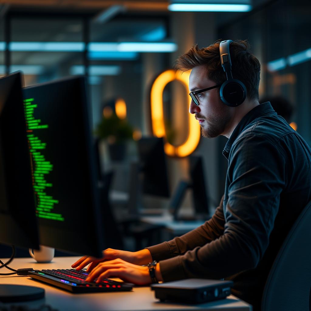 Til midten af artiklen om DiffuCoder vil jeg tage et dynamisk billede af en udvikler, der arbejder intensivt på en computer med visualiseringer af kode sekvenser og AI-modeller i baggrunden. Motivationen for dette valg er at fange den kreative proces, som udviklere gennemgår, når de arbejder med diffusionsteknologi. Billedet vil være taget i en moderne, lyst kontormiljø med neonfarver, der reflekterer den innovative atmosfære i tech-verdenen. En dybdeeffekt vil tillade mig at fremhæve udvikleren, mens de visuelle elementer af kode og AI-modeller blødt svømmer i baggrunden, hvilket symboliserer den komplekse verden af LLM-modeller og deres ikke-lineære interaktion. Jeg vil bruge mit Canon EOS R5-kamera med en 50mm f/1.2 linse for at opnå en smuk bokeh-effekt, der lader fokus være på udvikleren med en skarphed og detalje, der fanger øjeblikket. Bygget med 1/200 sekund ved f/1.2 med ISO 400, vil dette give et klart billede selv under svag belysning. Post-produktion vil involvere en justering af farver og kontra