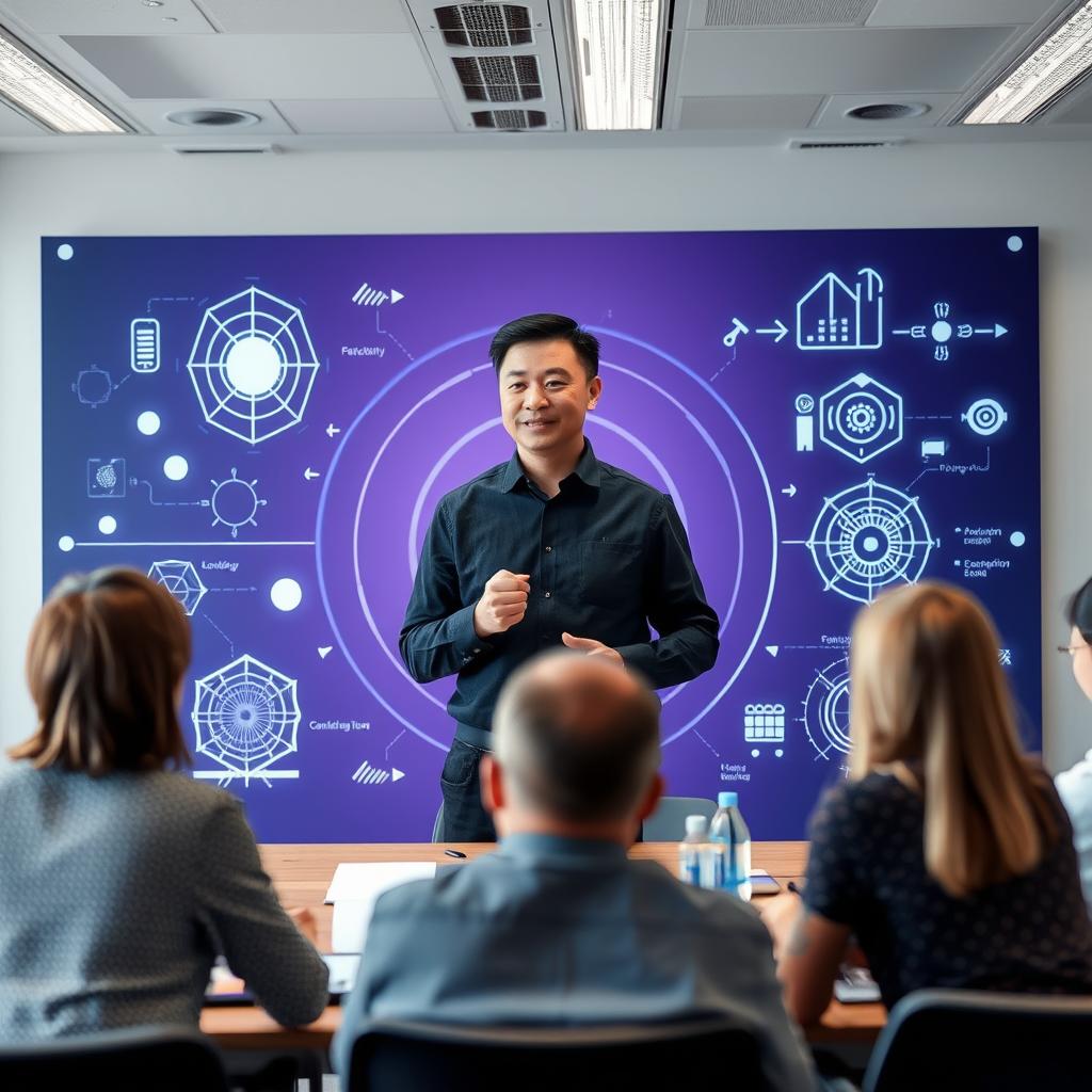 For at illustrere Metas seneste skridt i AI-innovation, kan et foto fanges fra en uformel mødesituation, hvor Shengjia Zhao præsenterer sin vision for Meta Superintelligence Labs (MSL) for en gruppe kolleger. Kompositionen skal fokusere på Zhao i midten, omkranset af teknologiske skærme og AI-relaterede diagrammer, der symboliserer de ambitiøse mål for superintelligens. Billedet er taget med en Canon EOS R5, udstyret med et RF 24-70mm f/2.8L IS USM objektiv. Indstillingerne kan være ISO 800, f/2.8 aperture, og en lukkertid på 1/60 sekunder for at fange det naturlige lys i rummet, hvilket giver en behagelig bokeh, der fremhæver Zhao som hovedfokus. Billedet skal fremvise både kølig teknologi og det menneskelige element i samarbejdet, og det vil visuelt kommunikere, hvordan Meta tilstræber at kombinere talent og ny teknologi i bestræbelserne på at realisere superintelligens. Detaljer som farverne på skærmene, en stemning af koncentration, samt spontane reaktioner fra tilhørerne bidrager til at danne en fortæll