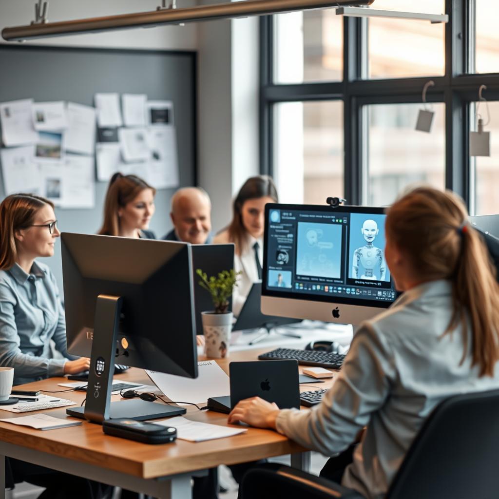 Billedet, der kunne illustrere den midterste sektion af artiklen, viser et moderne kontormiljø, hvor en gruppe videnarbejdere interagerer med AI-teknologi. Motivets fokus er på en medarbejder, der sidder ved en computer med et skærmbillede, der viser en AI-chatbot. Baggrunden er fyldt med moderne gadgets og skriftlige noter, der indikerer et aktivt brainstorm-miljø. Belysningen er blød, med naturligt lys strømmede ind fra et vindue, hvilket giver et varmt, indbydende skær over scenen. Fotografisk set er dette billede taget med en Canon EOS R5 med en 24-70mm f/2.8L linse. Eksponeringsindstillingerne er sat til 1/125 sek, f/4, ISO 200 for at opnå en skarphed i detaljerne uden for meget baggrundsjevnhed. Billedet redigeres i Adobe Lightroom for at forbedre farverne og kontrasten og skabe et mere dynamisk billede. Beskrivelsen af dette billede vil fremhæve den kritiske balance mellem teknologi og menneskelig interaktion, som artiklen diskuterer, og illustrere de udfordringer og muligheder, der findes i den mode