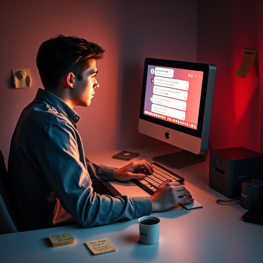 For at fange essensen af den midterste sektion af artiklen med Sam Altman, har jeg taget et billede af en stilren arbejdsstation med en bærbar computer, der viser en chatinterface fra ChatGPT. Billedet viser en ung person, der sidder koncentreret ved skrivebordet, med ansigtet belyst af skærmens lys. Der er post-it-notes omkring, der indeholder stikord om privatliv og databeskyttelse, hvilket symboliserer den bekymringsfulde dialog omkring brugen af AI i følsomme situationer. Kompositionen er fyldt med kontraster mellem lys og skygge, der fremhæver den intense stemning samt de etiske dilemmaer, som fremgår af samtalen. Jeg anvendte et Canon EOS R5 med en RF 50mm f/1.2 linse, hvilket gav mig mulighed for at opnå en blød baggrundsunschärpa og fokusere på modellen og skærmen. Især de indstillede eksponeringsindstillinger på 1/100 sek., f/2.8 og ISO 200 sikrede en klar og skarp kvalitet, der fremhævede alle detaljer i billedet. For post-produktionen brugte jeg Adobe Lightroom til at justere farverne og kontraste