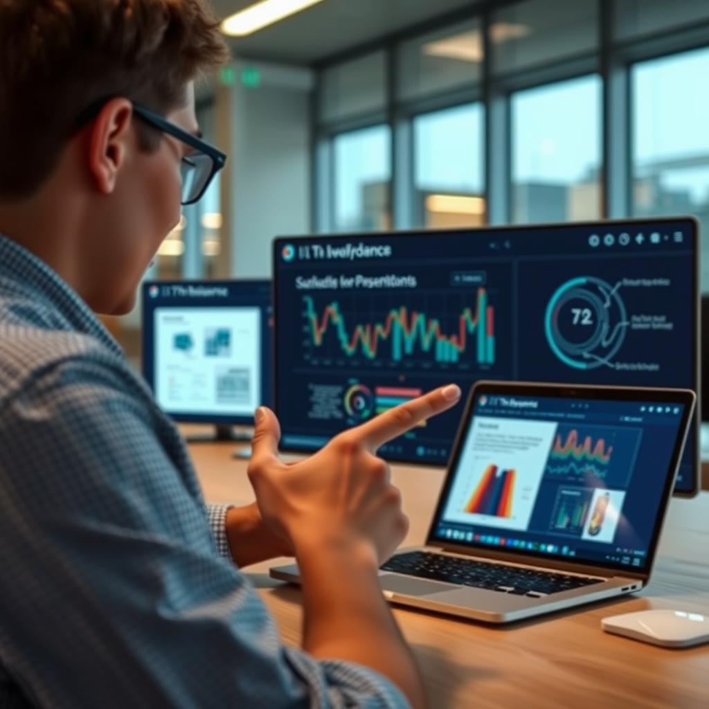 Til den midterste sektion af artiklen ville et billede af en skærm, der viser Z.ai’s GLM-4.5-platform i brug, være både relevant og engagerende. Billedet vil fange en UX-designer eller udviklers interaktion med modellen, som demonstrerer dens evne til at generere en PowerPoint-præsentation. Kompositionen kan inkludere en nærbillede af skærmen med en hurtig visning af modelresultaterne, mens en hånd kan være delvist synlig, der peger på skærmen, hvilket betoner arbejdsprocessen. Indstillingen kan være et moderne kontormiljø, der udstråler innovation. Udstyret der anvendes kunne være en Canon EOS R5 med et 24-70mm f/2.8 objektiv for at sikre en skarp detaljeret fokus på skærmen, mens baggrunden blurrer en smule for at trække opmærksomheden mod motiverne. Lyskilder bør være bløde og jævnt fordelt, sikkert med en blødt diffust strobelys der belyser skærmen, samtidig med at naturligt lys fra vinduer styrker den moderne atmosfære. Efterfølgende vil der blive brugt Lightroom til at justere farverne, så de reflekter