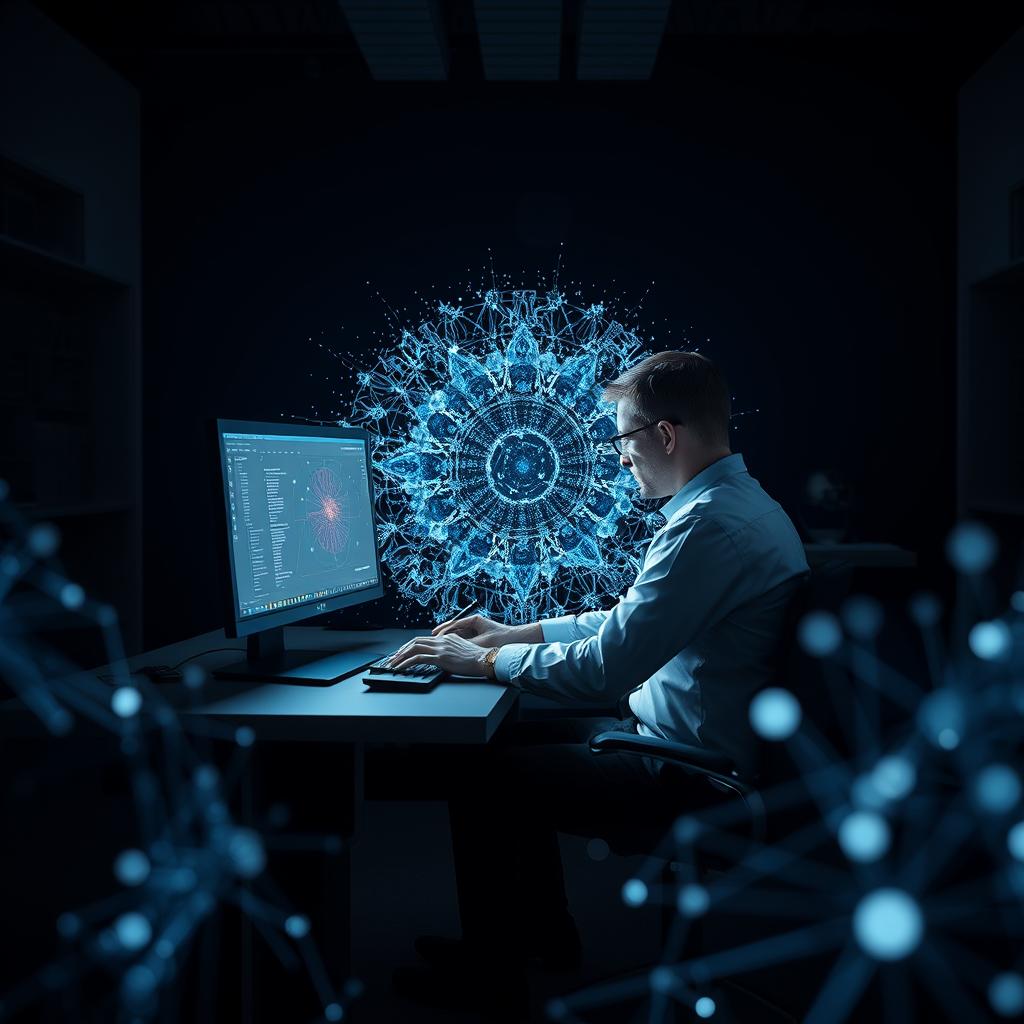 For at illustrere det seneste gennembrud i AI-forskning ved MIT, har jeg taget et dynamisk billede, der viser en researcher i aktion, mens han studerer en hel skærm fyldt med komplekse grafikker og algoritmer. Billedet fanger hans intense fokus, hvor han betjener en avanceret computer, der genererer visualiseringer af symmetrisk data. Kompositionen er centreret omkring forskeren, der sidder ved sit skrivebord, hvor lys fra skærmen skaber en dramatisk kontrast mod det mørke rum, hvilket fremhæver hans koncentration og den uundgåelige forbindelse mellem mennesket og teknologien. Jeg brugte et Canon EOS R5-kamera med en RF 24-70mm f/2.8 linse for at opnå en skarphed og dybde, der fanger forskerens udtryk i fokus, mens baggrunden forbliver let sløret. Eksponeringsindstillingerne var ISO 800, blænde f/2.8 og en lukkerhastighed på 1/60 sek. Post-behandling blev udført i Adobe Lightroom, hvor jeg fremhævede kontrasterne og farverne for at give billedet en mere dramatisk stemning, der afspejler den spænding og innov