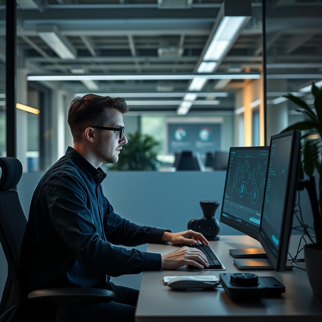 Til artiklen om Runloop, der fokuserer på deres investering i AI-agent-infrastruktur, vil et foto af et moderne kontormiljø med en udvikler, der arbejder med AI-værktøjer på en bærbar computer, være passende. Motivationen for billedet vil være at vise den innovative og collaborative atmosfære, der præger teknologiske start-ups. Billedet kan fange en professionel i aktion, mens de interagerer med en skærm, der viser komplekse kodelinjer og AI-software, hvilket illustrerer den overgang, som industrier står overfor med AI-drevne udviklingsværktøjer. Med henblik på teknisk opsætning vil billedet være taget med en Canon EOS R5, udstyret med en 24-70mm f/2.8 linse. Indstillingerne kan omfatte en blændeåbning på f/4 for at opnå en skarp dybdeskarphed, mens ISO er sat til 400 for at bevare detaljer uden støj. Den naturlige belysning fra vinduerne vil give en blød og inspirerende atmosfære, som komplementeres med kunstigt lys fra bordlamperne for at oplyse arbejdsområdet. Billedet vil derefter blive toneret let i pos