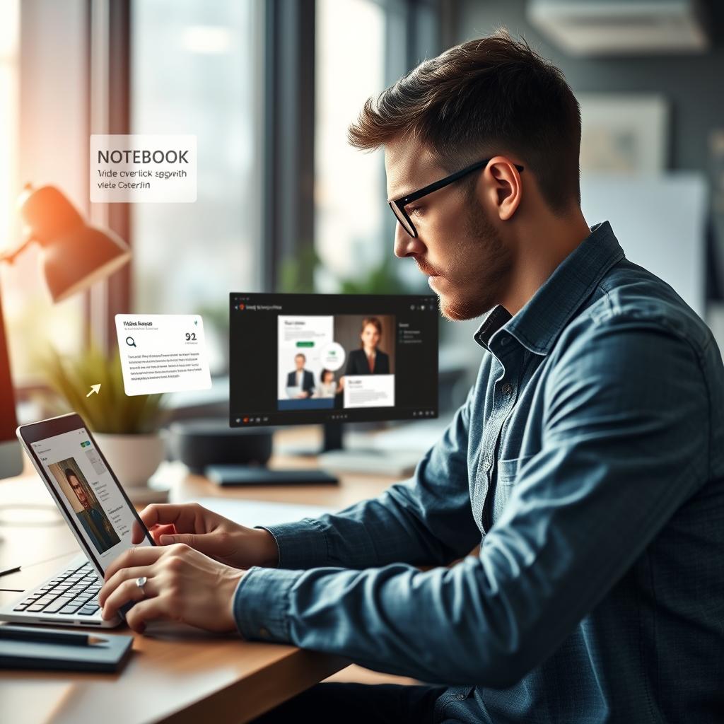 For at levende illustrere Google’s udrulning af Video Overviews til NotebookLM, forestiller jeg mig et dynamisk billede, der viser en moderne arbejdsplads, hvor en medarbejder interagerer med platformen. I fokus er en skærm, hvor en Video Overview afspilles, og grafiske elementer såsom diagrammer, citater og billeder fra en tidligere præsentation gør det klart, hvordan AI-drevne videoer kan forvandle komplekse dokumenter til forståelige visuelle historier. Kompositionen fanger medarbejderen i et moment af koncentration, hvilket tydeligt demonstrerer det praktiske anvendelse af teknologien i hverdagssituationer. Billedet blev taget med en Canon EOS R5, udstyret med et RF 24-70mm f/2.8L IS USM objektiv. Indstillingerne inkluderede en blænde på f/4 for en skarp fokus på skærmen og en let sløret baggrund, samt en lukkerhastighed på 1/60 sekunder, der fangede bevægelsen og dynamikken i scenen. Billedet blev efterbehandlet i Adobe Lightroom, hvor kontrasten blev justeret for at fremhæve skærmens lys og farver, hvi