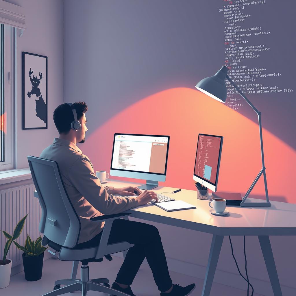 Til denne artikel vil et billedet, der visuelt skildrer den massive vækst og indflydelse af GitHub Copilot, være ideelt. Billedet kan være en dynamisk komposition, hvor en udvikler sidder ved en moderne, oplyst arbejdsstation med en computer, hvor GitHub Copilot-interfacet vises tydeligt på skærmen. Rummet skal være præget af teknologi med LED-lamper og skitser af kode på væggene, der viser, hvordan innovation og kreativitet går hånd i hånd. Detaljer som en notesbog og en kop kaffe kan tilføje et personligt og arbejdsmiljø-agtigt præg. Jeg ville bruge et Canon EOS R5 kamera sammen med et RF 24-70mm f/2.8 objektiv for at få en skarp forgrund på udvikleren og en lidt sløret baggrund, hvilket giver en god dybdeeffekt. Indstillingerne kunne være ISO 400 for at holde støj nede, en blændeåbning på f/4 for at holde både udvikleren og skærmen i fokus, samt en lukkertid på 1/125 sek. Billedet ville efterbehandles i Adobe Lightroom for at justere farverne og kontrasten, hvilket fremhæver den energiske atmosfære af tek
