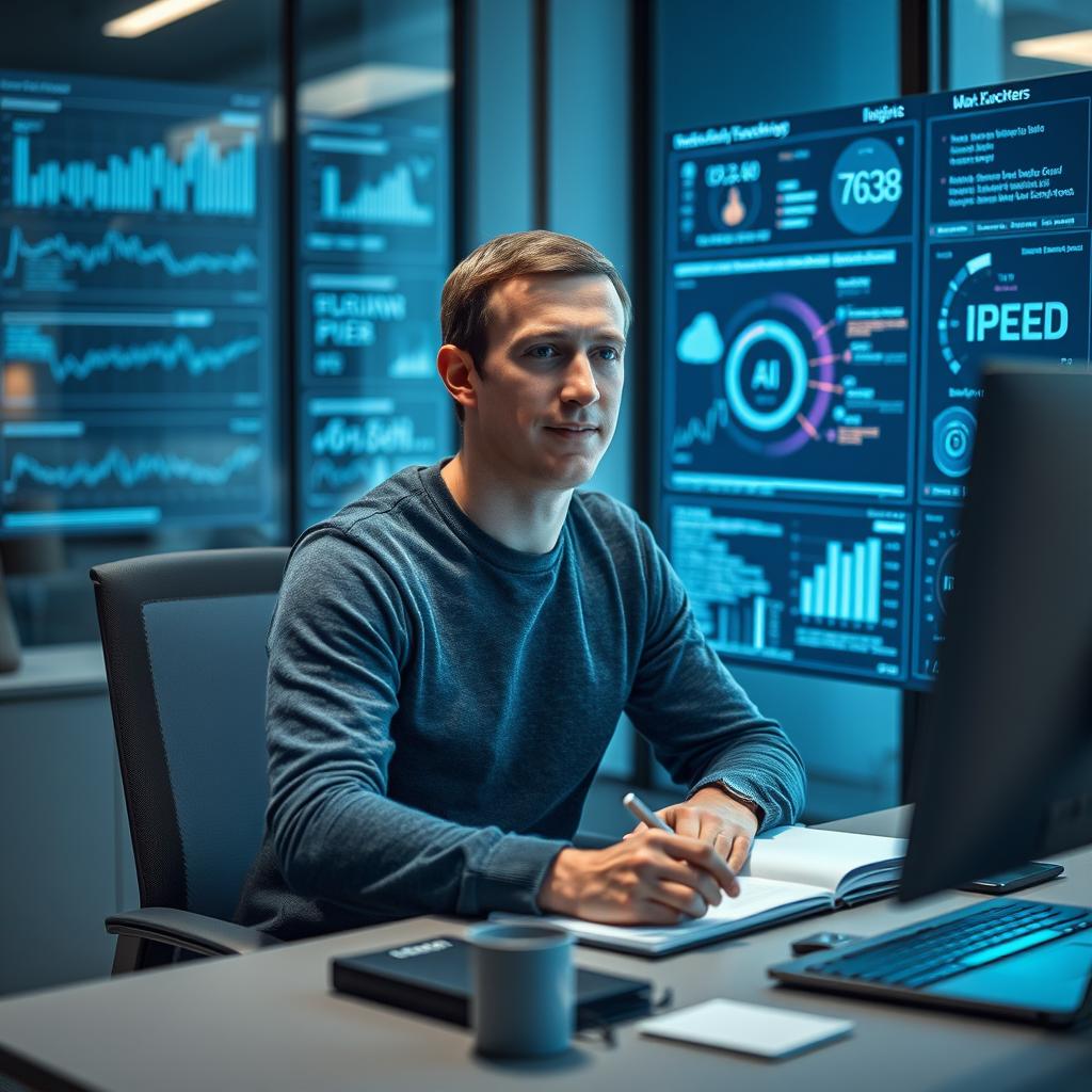 Til den første tredjedel af artiklen vil et billede af Mark Zuckerberg i hans kontormiljø være ideelt. Han sidder ved et moderne skrivebord, omgivet af skærme, der viser data og diagrammer relateret til investeringer i AI, mens han betragter et team af tech-specialister, der arbejder flittigt. Kompositionen er centreret omkring Zuckerberg, der udstråler beslutsomhed, med bløde belysning fra vinduet for at fremhæve det intense fokus i rummet. Dette billede vil illustrere den aggressive talentjagt og den investering, Meta foretager i AI, samtidig med at det giver et indblik i den dynamiske arbejdskultur, der kendetegner moderne teknologifirmaer. Billedet er taget med et Canon EOS R5 kombineret med en RF 24-70mm f/2.8-linse. Eksponering indstillingerne var ISO 400, blænde f/4 og en lukketid på 1/125 sek. Dette valg af kameraudstyr og indstillinger sikrer klarhed og skarphed, selv i et rum med blødt lys, og hjælper med at fremhæve detaljerne i den teknologi, der er synlig på skærmene. Redigeringssoftwaren Adobe 