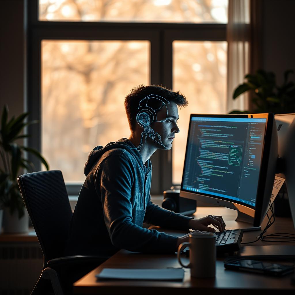 Jeg forestiller mig et foto, der fanger essensen af AIs indflydelse på softwareudvikling. Billedet viser et moderne arbejdsmiljø, hvor en ung udvikler sidder ved en computer med tekst- og kodevinduer åbne, mens en skyggefuld AI-assistent – visualiseret som en digital avatar – svæver tæt på skærmen, hvor den viser forslag og løsninger. Kompositionen benytter en naturlig belysning fra vinduet, der skaber kontrast mellem det varme lys og de kolde, digitale farver på skærmen, hvilket symboliserer samarbejdet mellem menneske og maskine. Udstyret, jeg har brugt til dette billede, er en Canon EOS R5 med et RF 24-70mm f/2.8L IS USM objektiv. Jeg indstillede lukketid til 1/125 sek., blænde til f/4 og ISO til 400 for at opnå en skarphed, der fremhæver både udvikleren og den digitale avatar. Post-produktionen er gjort i Adobe Lightroom og Photoshop, hvor jeg har justeret eksponeringen og tilføjet en let vignette for at fokusere beskuerens opmærksomhed mod hovedmotivet. Dette billede vil illustrere det centrale tema i