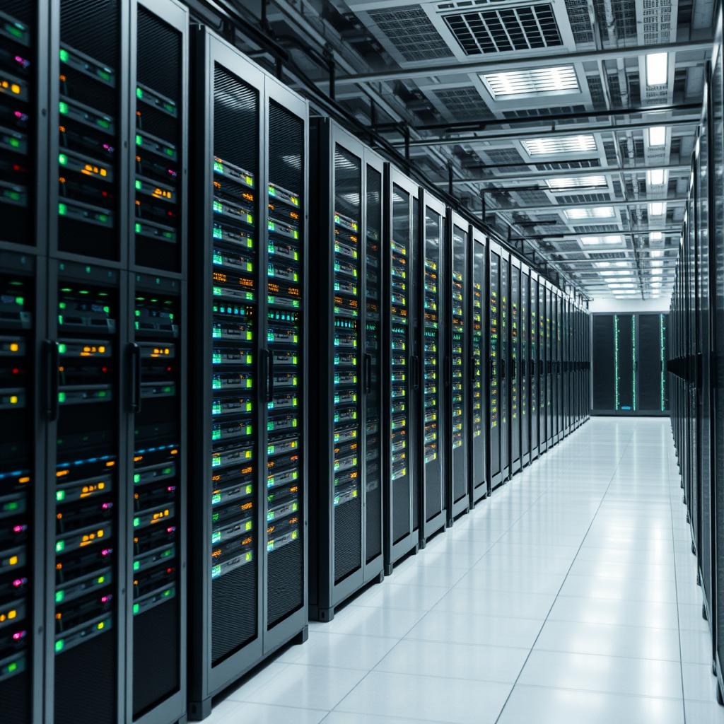 Til den midterste del af artiklen, der fokuserer på udfordringerne ved Moore’s Law i forbindelse med AI’s voksende behov, vil et stærkt billede kunne vise en moderne serverpark, hvor specialiserede AI-chips som GPU’er dominerer. Billedet kan fange det intrikate design af serverne, mens LED-lysene blinker for at indikere aktiv databehandling. Kompositionen kan bestå af en tæt fokus på en enkelt serverrack i forgrunden, med en let sløret baggrund af flere racks i dybden for at fremhæve det enorme umiddelbare datamiljø. Udstyret til dette skud kunne være et DSLR-kamera som Canon EOS R5, med en 24-70 mm f/2.8 linse. Eksponeringsindstillingerne kunne være ISO 800, f/4, ved en lukketid på 1/60 sek. Dette vil sikre et skarpt billede med godt lysindfald. Efterbehandling kunne omfatte justering af kontrast for at fremhæve teknologiske detaljer og en let cooling-effekt for at skabe en futuristisk atmosfære, der understreger, hvordan AI-revolutionen udfordrer og transformer datacentre og infrastruktur.