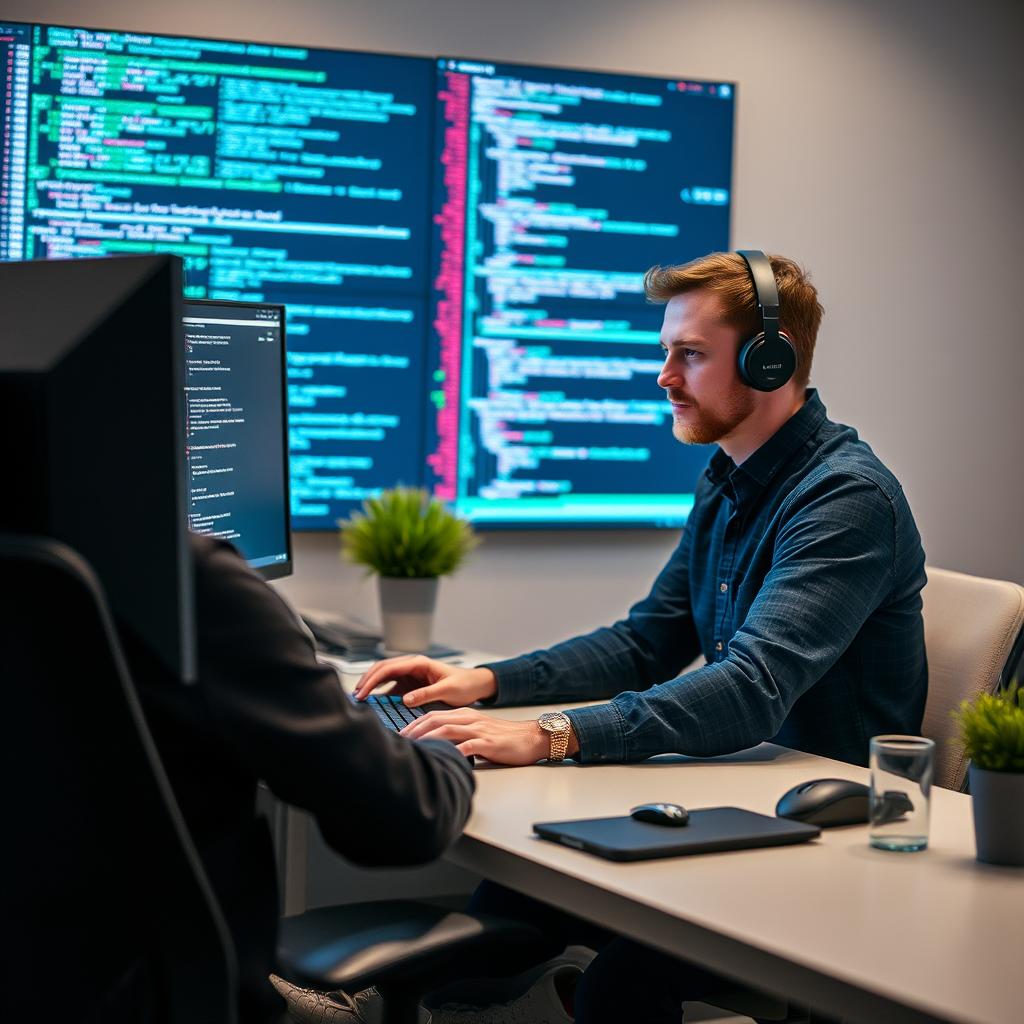 Til den midterste del af artiklen om GroqClouds lancering af OpenAIs åbne sprogmodeller ville et billede af en udvikler, der arbejder ved en computer med koder og data streamer i realtid på skærmen, være ideelt. Billedet bør tages i et dynamisk kontormiljø, hvor man kan se både computerens skærm og udvikleren i aktion. Kompositionen kan følge gyldne snit, hvor udvikleren er placeret til venstre i billedet, mens skærmen med imponerende datavisualiseringer fylder højre side, hvilket fanger beskuerens opmærksomhed og formidler en følelse af innovation og teknologi. Teknikken bag billedet omfatter brug af et Canon EOS R5-kamera med en 24-70mm f/2.8 lineært zoomlinse, eksponeret ved f/4, ISO 400 og 1/125 sekunders lukketid. Lysopsætningen kan være blød og ensartet, med et fyldelys fra siden for at undgå skygger og fremhæve ansigtstrækene hos udvikleren. Efterfølgende redigering kan inkludere justering af kontrast og farver for at understrege den teknologiske stemning og give det hele et moderne præg, der afspejle