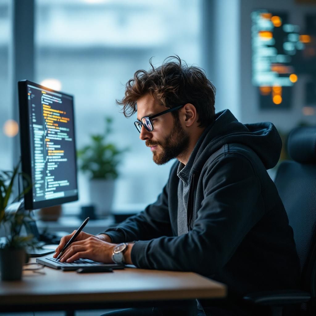 Til denne artikel om Google AI-kodeagenten Jules forestiller jeg mig et dynamisk billede af en programmerer, der sidder ved et moderne skrivebord fyldt med skærme, hvor en interaktiv brugerflade af Jules er synlig. Billedet fanger et øjeblik, hvor programmøren interagerer med systemet, mens baggrunden har en subtil belysning, der fremhæver de futuristiske aspekter af AI-teknologien. Scenen vil indeholde synlige koder og diagrammer på skærmene for at understrege den komplekse og teknologiske udvikling, som Jules repræsenterer. Jeg vil bruge et Canon EOS R5 kamera med et 24-70mm f/2.8 lens for at fange detaljerne i både programmererens ansigt og skærmenes indhold. Jeg vil indstille kamerat til en blændeåbning på f/4 for at sikre en skarp fokus på motivet, mens baggrunden subtilt uskarp for at give dybde. I efterbearbejdningen vil jeg justere kontrasten og farvemætning for at skabe et levende billede, der fremhæver teknologien og følelsen af innovation, hvilket vil tiltrække læserens opmærksomhed og komplemente