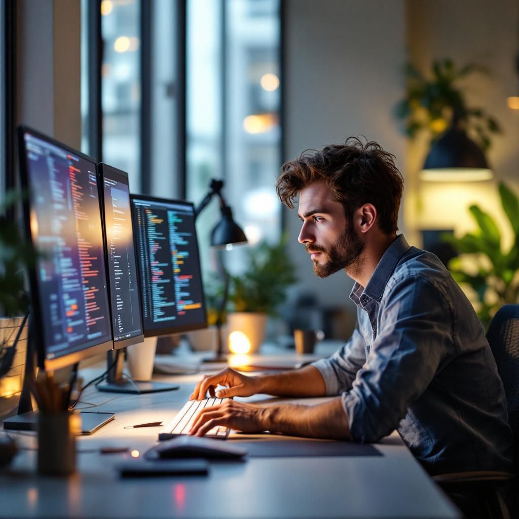 Til den midterste del af artiklen vil et billede af en moderne arbejdsstation setup med flere skærme, der viser forskellige programmerings- og AI-udviklingsværktøjer, være ideelt. Billedet kan tages i et velbelyst kontormiljø, hvor en person arbejder intensivt med kode og analyserer AI-modellernes output. Kompositionen skal inkludere en dybdeeffekt for at give dimension til scenen, og fokus kan være på personens koncentrerede ansigt mens de interagerer med skærmene. Dette vil fremhæve den praktiske anvendelse og dedikation, der kræves af infrastruktur til at udvikle og implementere OpenAIs nye open-source modeller. For at opnå dette billede skal der anvendes et højtopløseligt kamera som Nikon Z6 med et 24-70mm f/2.8 objektiv. Indstillingerne kunne være ISO 400, blændeværdi f/4 og lukketid 1/125 sek, hvilket giver et klart fokus på motivet og en blød baggrundsuskarphed. Efterfølgende redigering bør inkludere justering af kontrast for at fremhæve detaljerne i skærmene og en let vignettering for at dirigere øj