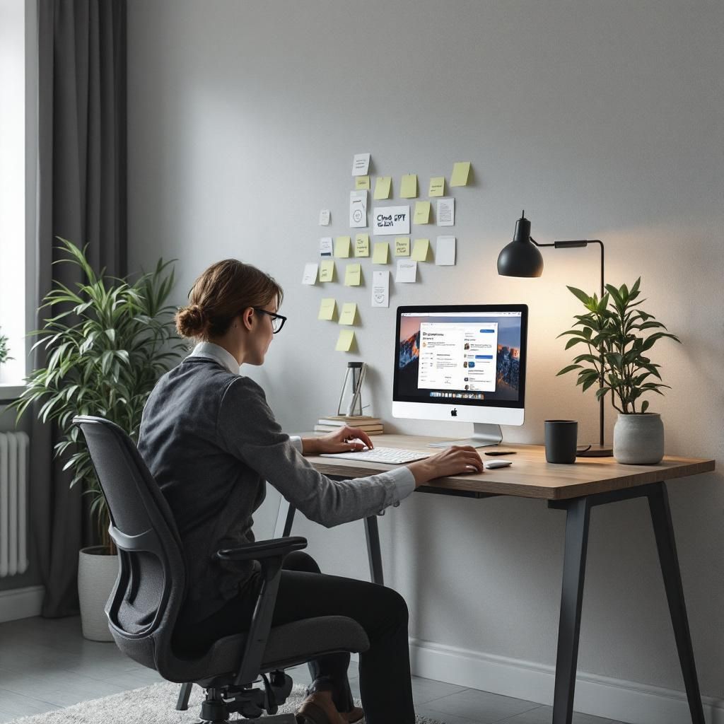 Jeg har taget et billede af et stiliseret arbejdsmiljø, der yder et indblik i, hvordan moderne teknologi transformerer produktivitet. Billedet viser en professionel bruger, der sidder ved en elegant skrivebord med en laptop, der viser ChatGPT-grænsefladen, og skærmen er delvist dækket af farverige sticky-notes med noter og brainstorming-ideer. I baggrunden står der en planter og et moderne lampedesign, der bidrager til en inspirerende atmosfære. Kompositionen er opbygget efter det gyldne snit for at lede øjet mod medarbejderen og computeren, hvilket er centralt for artiklens fokus på, hvordan den nye ChatGPT-model vil påvirke workflows. Jeg anvendte mit Canon EOS R5 med en EF 50mm f/1.2L linse for at opnå en smuk dybdeskarphed, der fremhæver motivet, mens baggrunden er blødt udtonet. Kameraindstillingerne var sat til f/2.8 for at give en moderate dybdeskarphed, ISO 100, og en lukkerhastighed på 1/125 sekunder for at sikre skarpe detaljer. Efterfølgende blev billedet redigeret i Adobe Lightroom, hvor jeg just