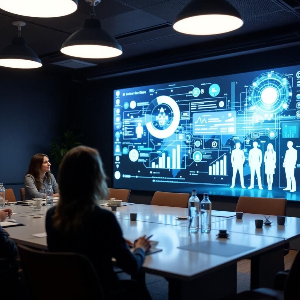 Billedet, der vil passe godt til den første tredjedel af artiklen, forestiller en moderne dansk erhvervsledelse i en konference- eller bestyrelsessal, hvor en stor digital skærm viser dynamiske visualiseringer af AI-systemer, dataflyt og agentinteraktioner. Motivet fokuserer et bord med engagerede forretningsfolk, der diskuterer, mens den teknologiske baggrund antyder en overgang til AI-drevne værktøjer i beslutningsprocesser. Kompositionen bruger gyldne snit til at skabe balance mellem menneskene i forgrunden og de avancerede digitale elementer i baggrunden, hvilket underbygger den teknologiske revolution i erhvervslivet. Kameramodel er en Canon EOS R5 med en RF 24-70mm f/2.8L lens, indstillet til en lukkerhastighed på 1/125 sek, blænding f/4, ISO 800, for at fange både samtale og de digitale displays i skarpt fokus, med en svag baggrunds uskarphed for at fremhæve de menneskelige aktører. Dette billede symboliserer skiftet fra hype til praktisk anvendelse af agentiske AI-systemer og understreger, hvordan te