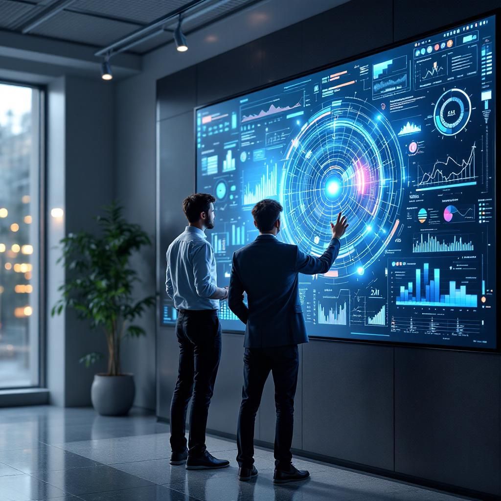 Billedet viser en moderne, futuristisk kontorsetting, hvor en midaldrende forretningsmand eller -kvinde står foran en stor digital skærm, der projicerer komplekse data, diagrammer og AI-visualiseringer. Personen ser fokuseret ud, mens de interagerer med det digitale interface ved hjælp af håndbevægelser, hvilket illustrerer den aktive brug af agentiske AI-systemer i erhvervslivet. Kompositionen har en dybde med flere lag af data- og AI-elementer, der flyder i rummet omkring personen, hvilket giver en fornemmelse af en integreret AI-portal til beslutningstagning. Med en kombination af blødt, køligt lys og skarpt fokus på personens ansigt og hænder, fremhæves den menneskelige interaktion med den avancerede teknologi. Kameraet er en Canon EOS R5 med en 24-70mm f/2.8 linse, sat til en aperture på f/4 for rigtig dybdeskarphed, ISO 400 for at håndtere den kontrollerede byskytning, og en lukketid på 1/125 sek. for at fastholde skarpe bevægelser. Billedet er redigeret for at styrke det futuristiske udtryk med lette 