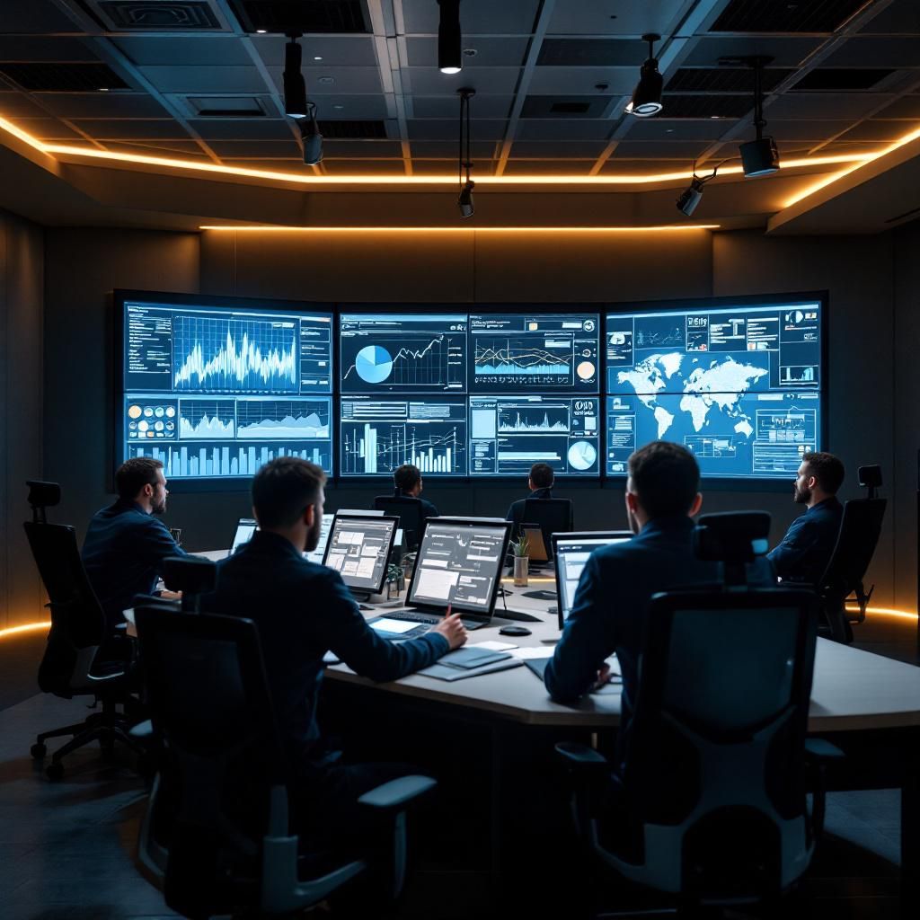 Billedet viser en avanceret kontrolrumsscene i en moderne IT-operationscentral, hvor en gruppe driftsteam arbejder intensivt foran store skærme, der viser komplekse datagrafer, telemetry-visualiseringer og real-time overvågningsdiagrammer. Kompositionen er centreret omkring en stor, buet skærm, der fylder det meste af rammen, og skaber en følelse af intens fokus og teknologisk præcision. I forgrunden ses en medarbejder, der peger på data med en interaktiv touchskærm, mens andre i baggrunden kigger seriøst på monitorerne, hvilket symboliserer samarbejdet omkring at forstå og håndtere enorme datamængder i realtid. Baggrunden består af et mørkt, minimalistisk design med lysende datagrafer og indikatorer, der understreger datamængdens kompleksitet og vigtigheden af visuel klarhed i overvågning. Udstyret består af flere high-end drones med integrerede kameraer, der gearet til at lifestyle-visualisere den digitale og fysiske fusion i moderna AI-drevne overvågningscentre. Indstillingerne er præcist indstillet til a