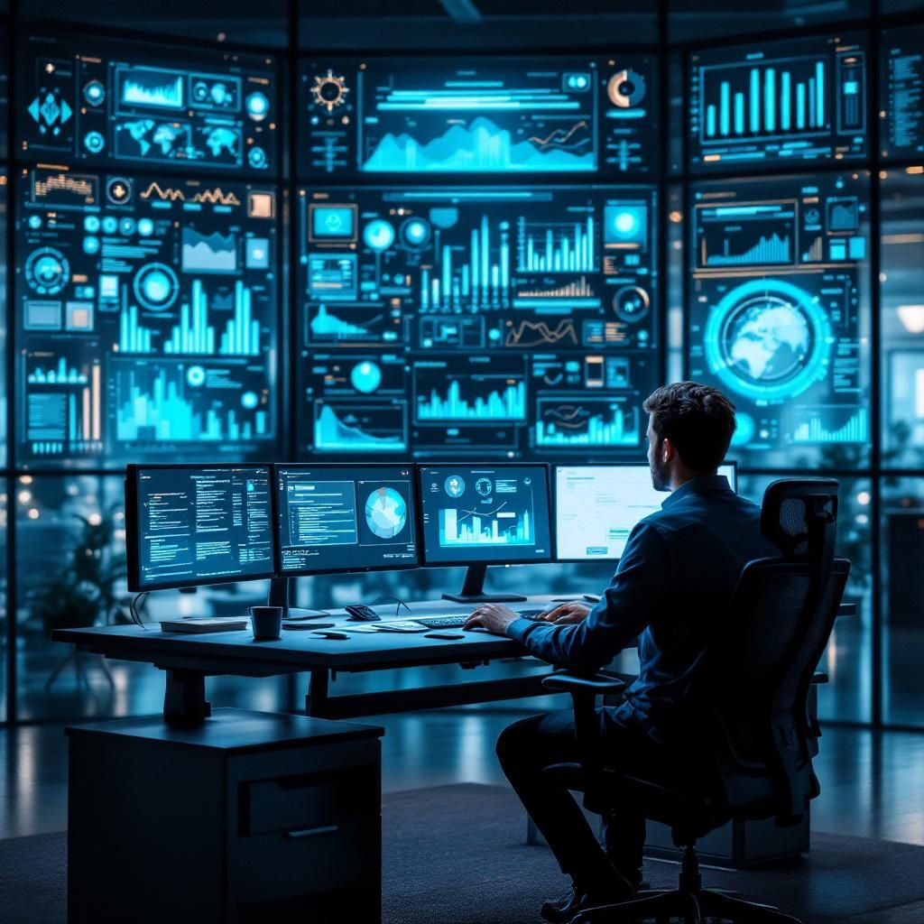 Billedet viser en moderne, teknologisk kontrolcentral, hvor en IT-specialist sidder foran et stort, flere skærme-sæt, der visualiserer komplekse datamønstre og AI-arkitektur. Kompositionen er centreret omkring personen, der aktivt overvåger grafiske brugergrænseflader, der illustrerer routing af prompts mellem forskellige modeller – en visuel metafor for RouteLLMs intelligente beslutningsproces. Fotoset er taget med en DSLR, Nikon D850 med en 24-70mm f/2.8 linse, sat til en lukketid på 1/60 sekund, blænde f/4, og ISO 400, hvilket sikrer skarpe detaljer og identifikation af teknologiske elementer i billedet. En blød, diffus bærende belysning skaber en balanced, professionel stemning, mens blikket på skærmene fremhæver den datadrevne karakter, der ligger til grund for AI-automatiseringen og omkostningsstyringen. Dette billede formidler den avancerede teknologi og det strategiske overvågningsarbejde, der er essentielt for effektiv routing og AI-ressourceoptimering i moderne organisationer. Det afspejler den pra