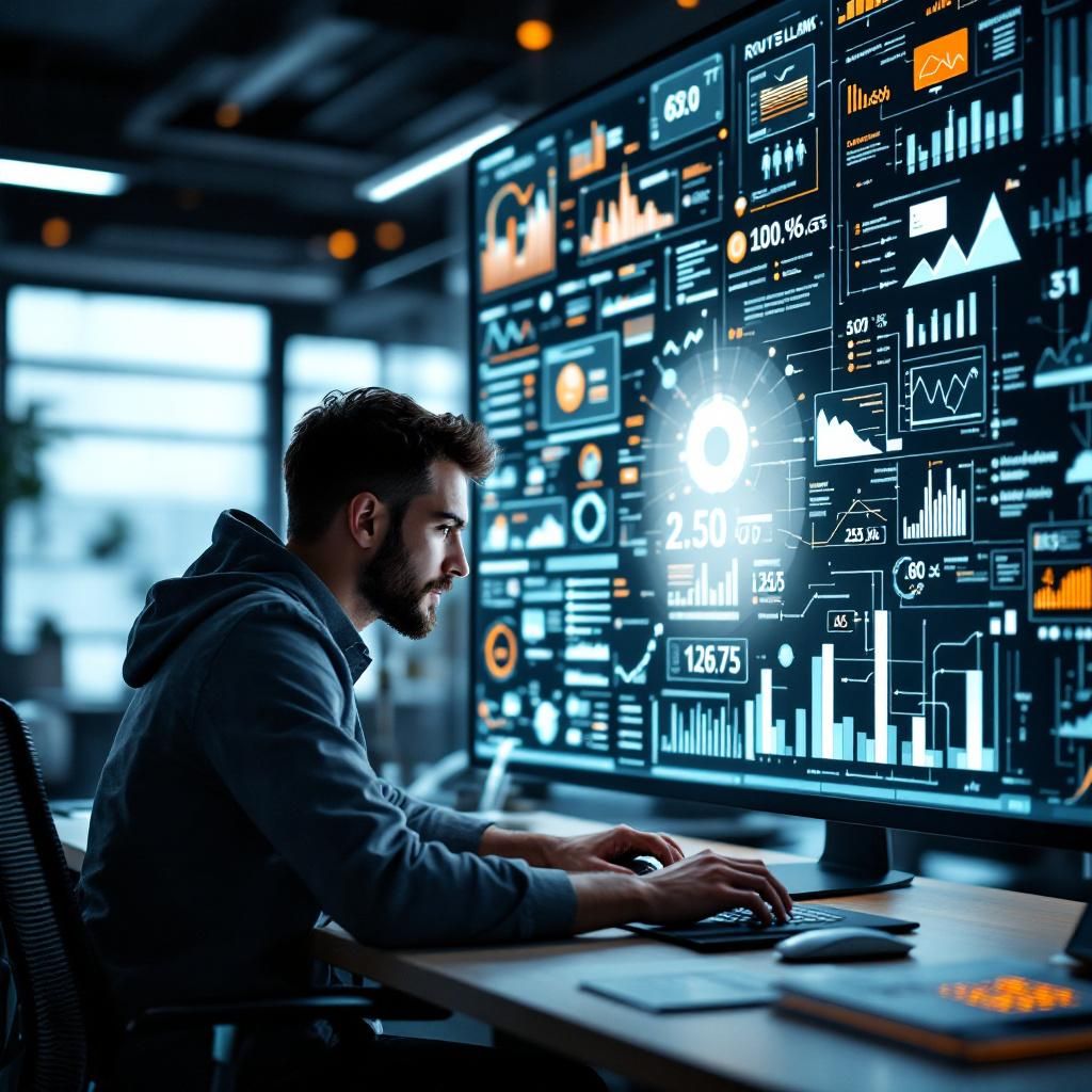 Billedet viser en moderne, teknologisk inspireret scene, hvor en organisation eller udvikler sit foran en stor digital skærm, der viser komplekse diagrammer, grafer og flowcharts over AI- og routing-processer. Motivets fokus er på en person, der med fokus og intensitet arbejder på en computer, omgivet af holografiske data og visualiseringer af modelsammensætning, cost-balance, og algoritmiske beslutningsprocesser, hvilket symboliserer RouteLLMs fleksible beslutnings- og optimeringssystem. Kompositionen er centreret omkring personen, med skærmen i baggrunden, der fylder billedet med et futuristisk og innovativt udtryk, hvilket understreger teknologiens kompleksitet og organisationens datadrevne tilgang. Med brug af et digitalt spejlreflekskamera som Canon EOS R5 med en 24mm prime linse, optaget i lavt lysforhold for at fremhæve skærmenes lysende data, har jeg sat eksponeringen til ca. 1/60 sekund, aperture til f/2.8 for at skabe en blød baggrund og fokusere på personen. Billedet er efterbehandlet i Adobe Pho
